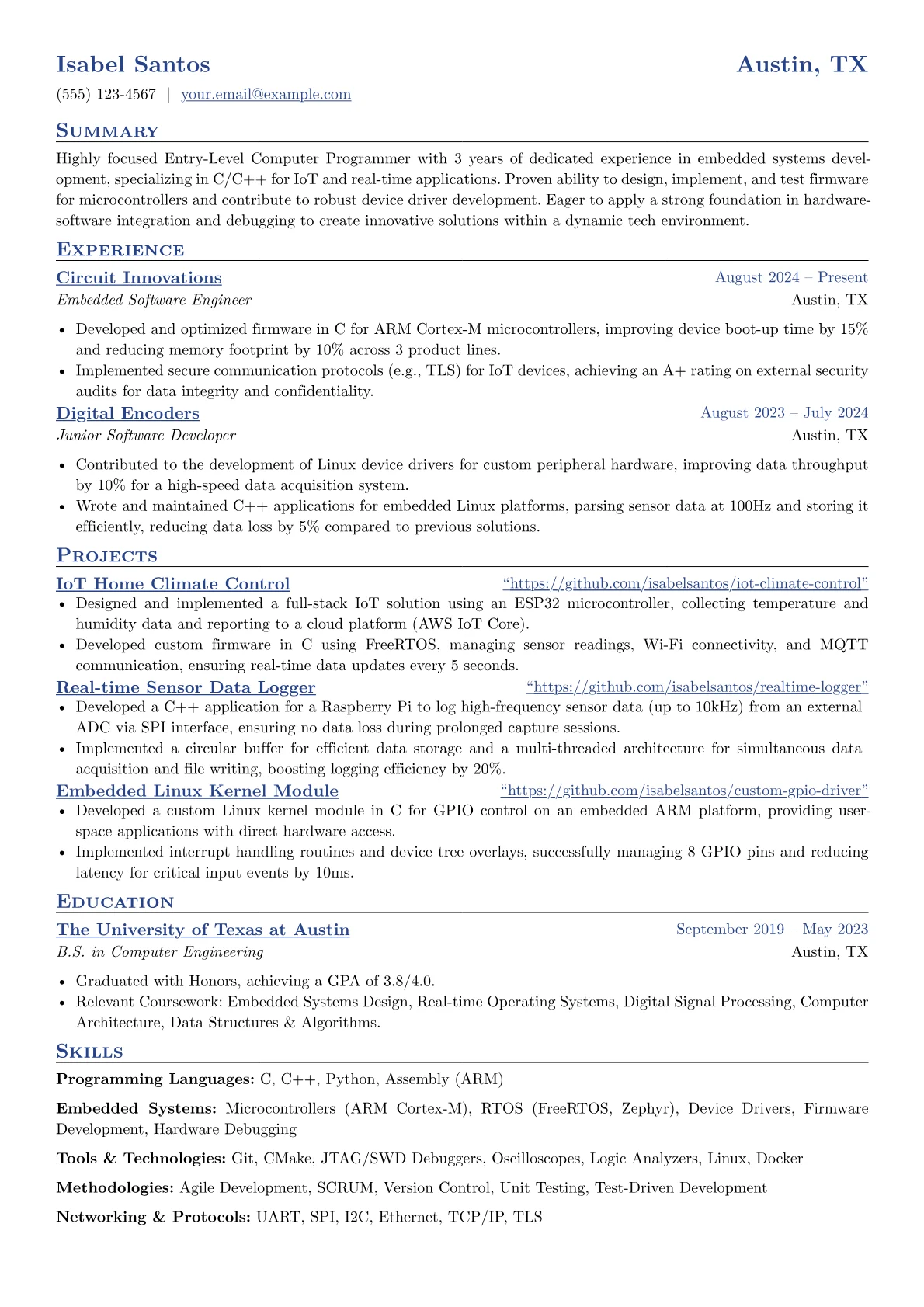 Entry-Level Computer Programmer resume example, Embedded Systems, page 1