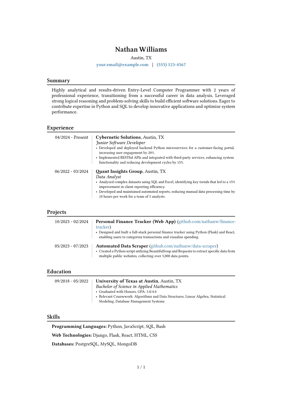 Entry-Level Computer Programmer resume example, Career changer, page 1