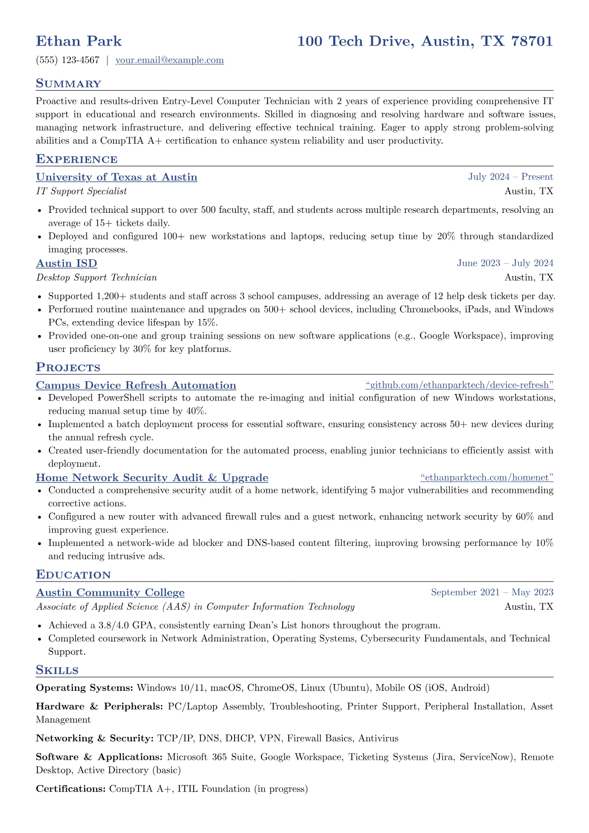 Entry-Level Computer Technician resume example, Entry-Level Computer, page 1