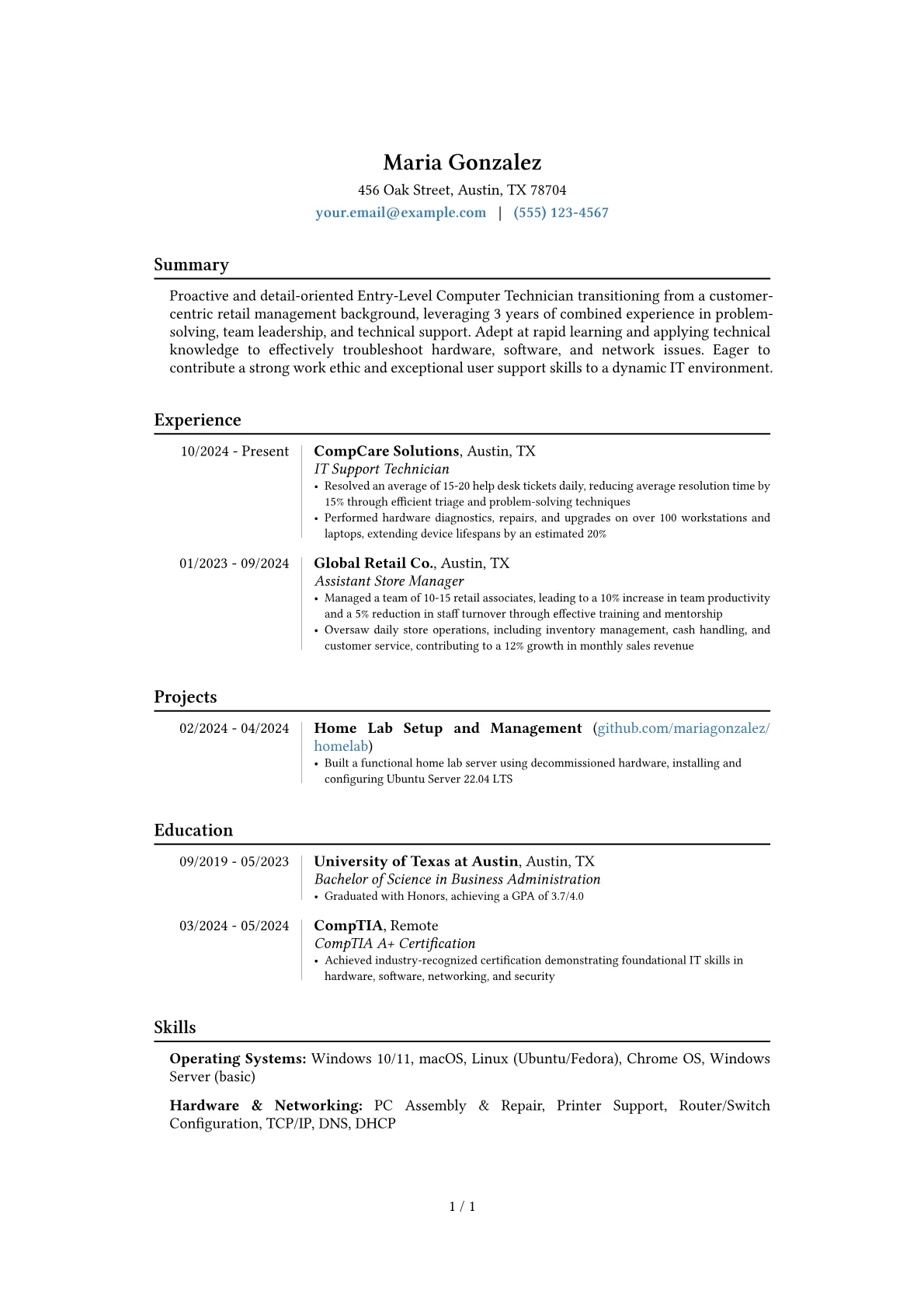 Entry-Level Computer Technician resume example, Career changer, page 1