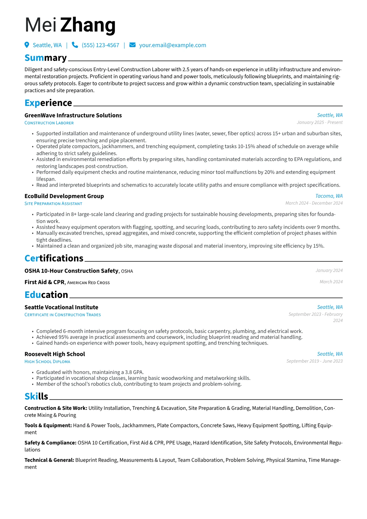 Entry-Level Construction Laborer resume example, Environmental/Utility, page 1