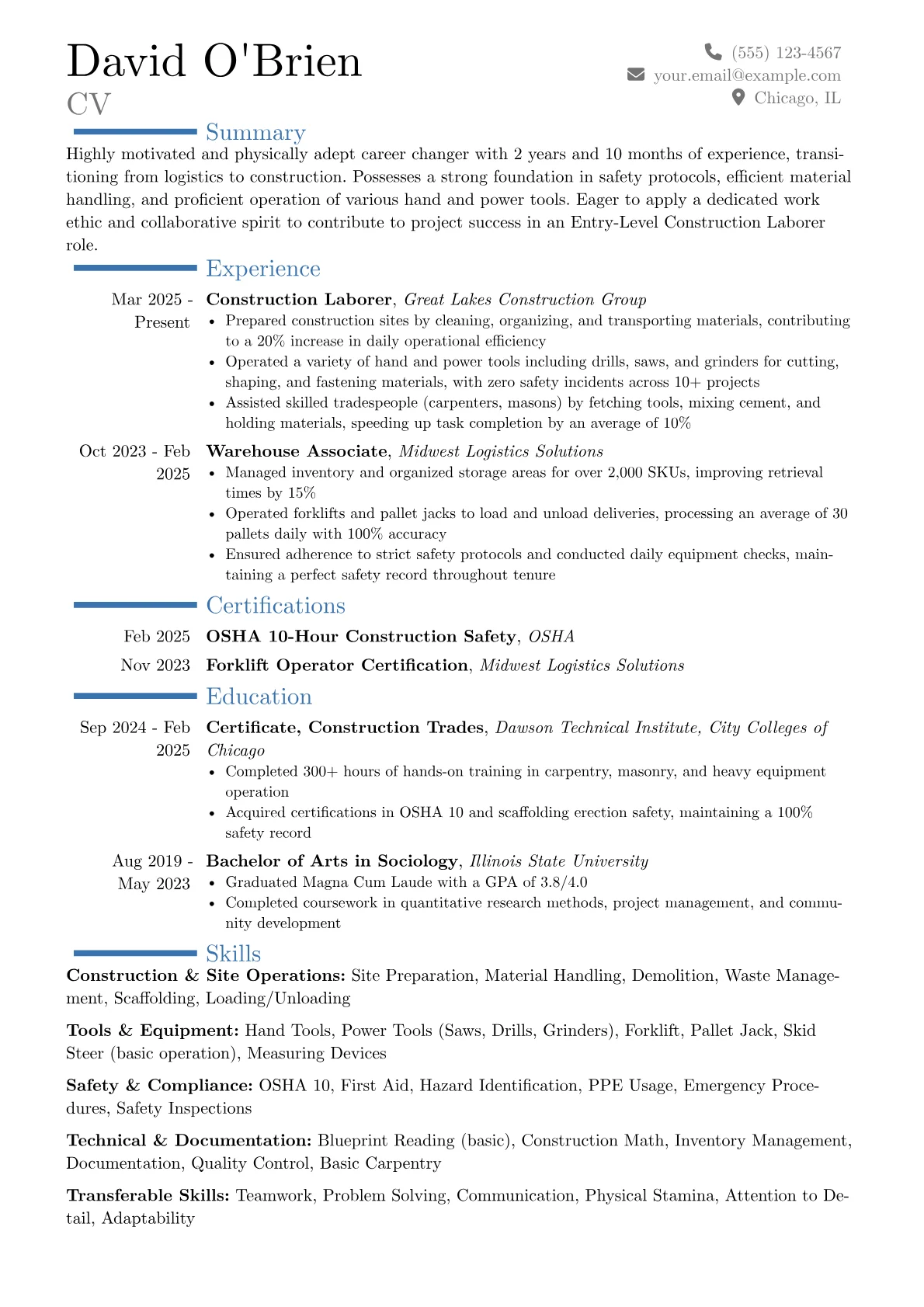 Entry-Level Construction Laborer resume example, Career changer, page 1