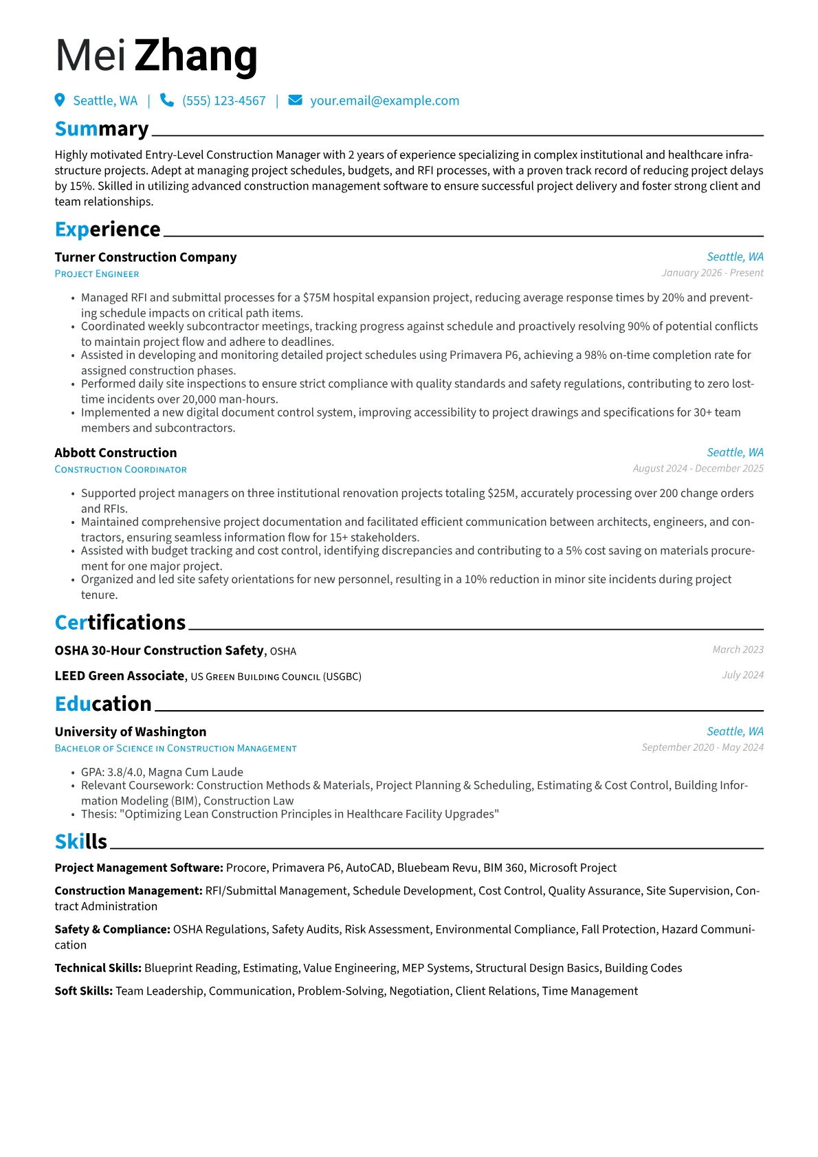 Entry-Level Construction Manager resume example, Institutional, page 1
