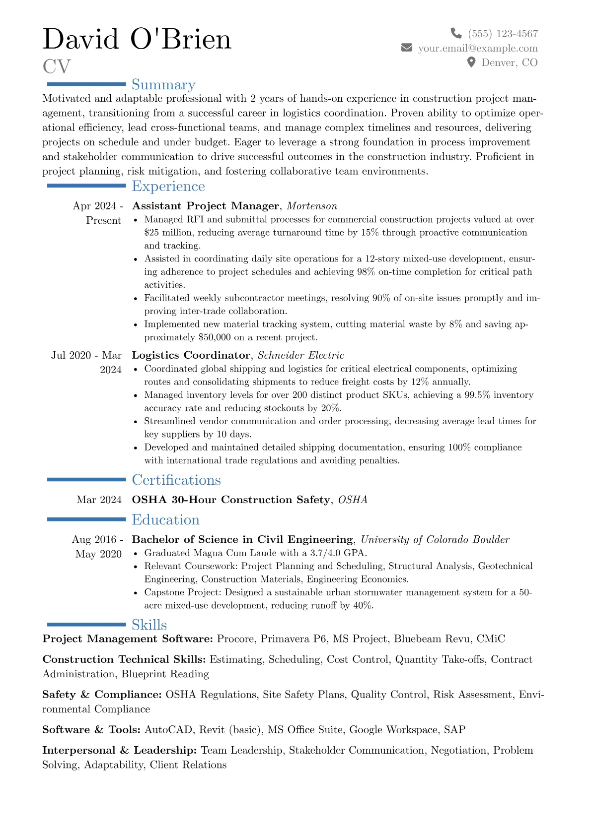 Entry-Level Construction Manager resume example, Career changer, page 1