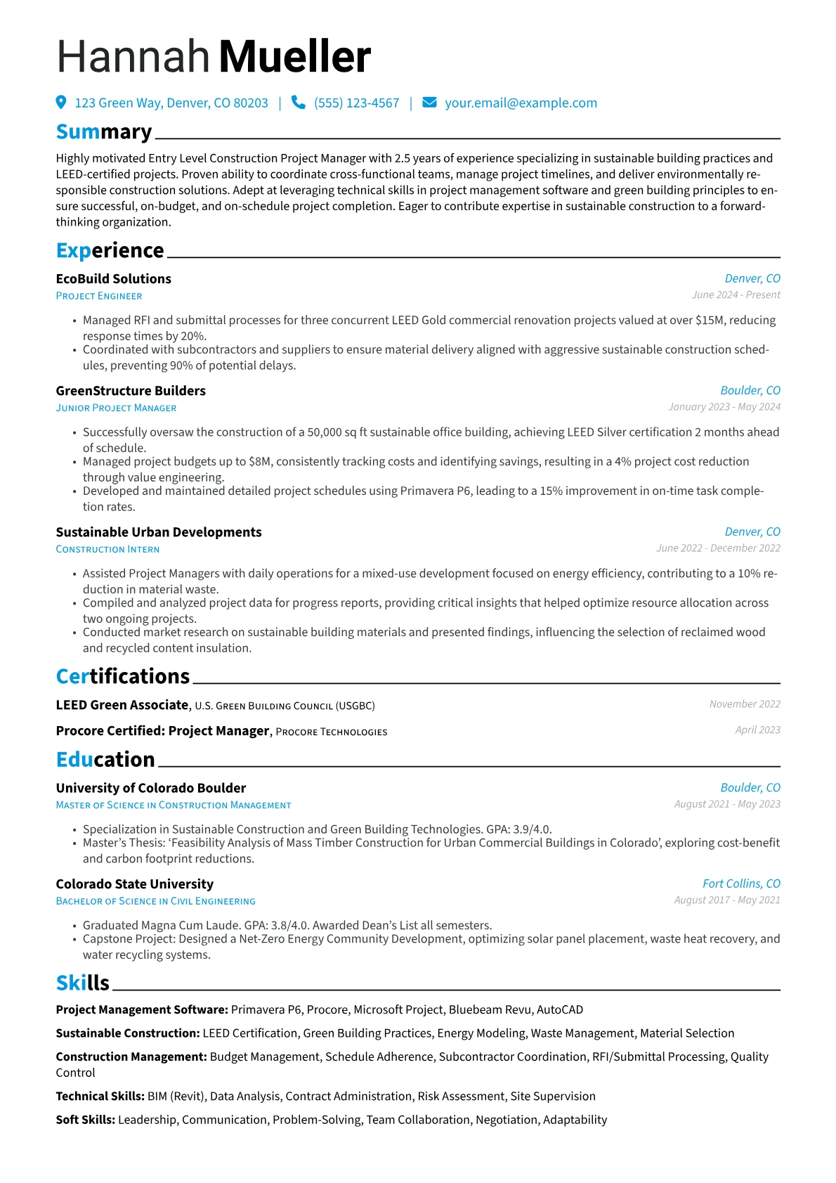 Entry Level Construction Project Manager resume example, Entry Level Construction, page 1