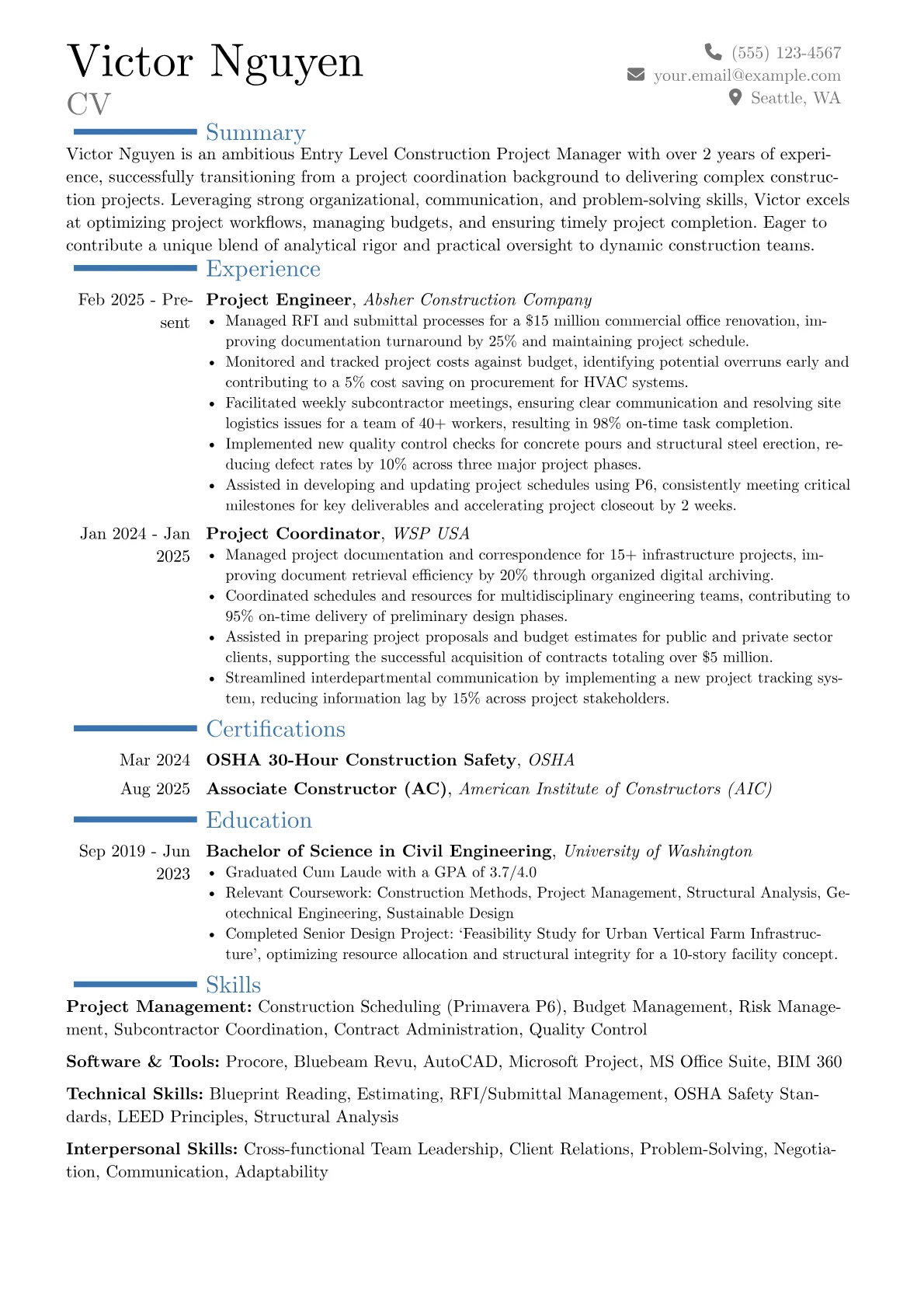Entry Level Construction Project Manager resume example, Career changer, page 1