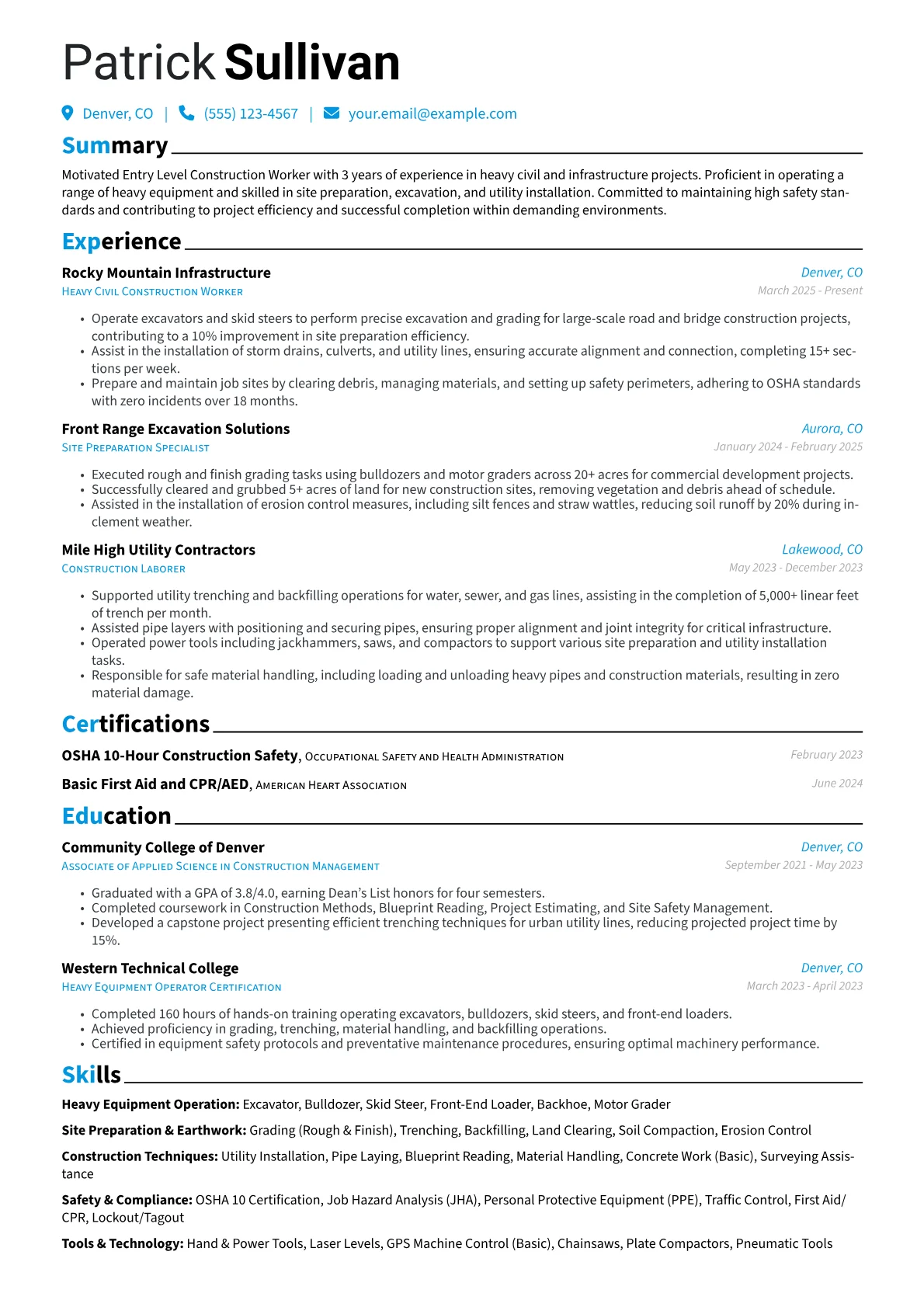 Entry Level Construction Worker resume example, Entry Level Civil, page 1