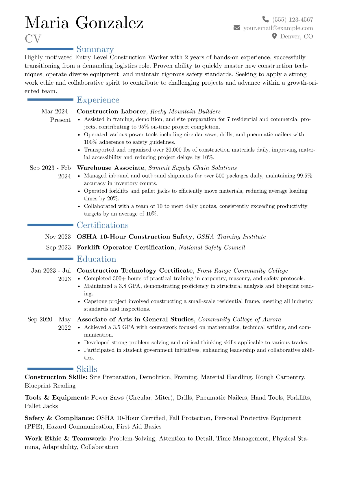 Entry Level Construction Worker resume example, Career changer, page 1