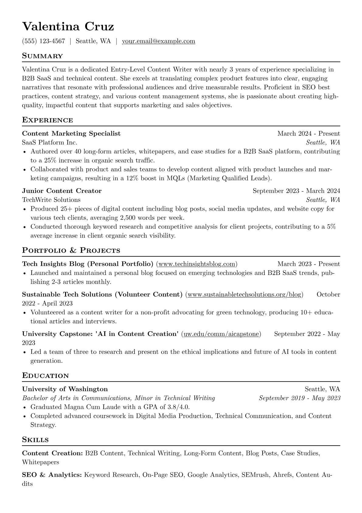 Entry-Level Content Writer resume example, Entry-Level Content Writer, page 1