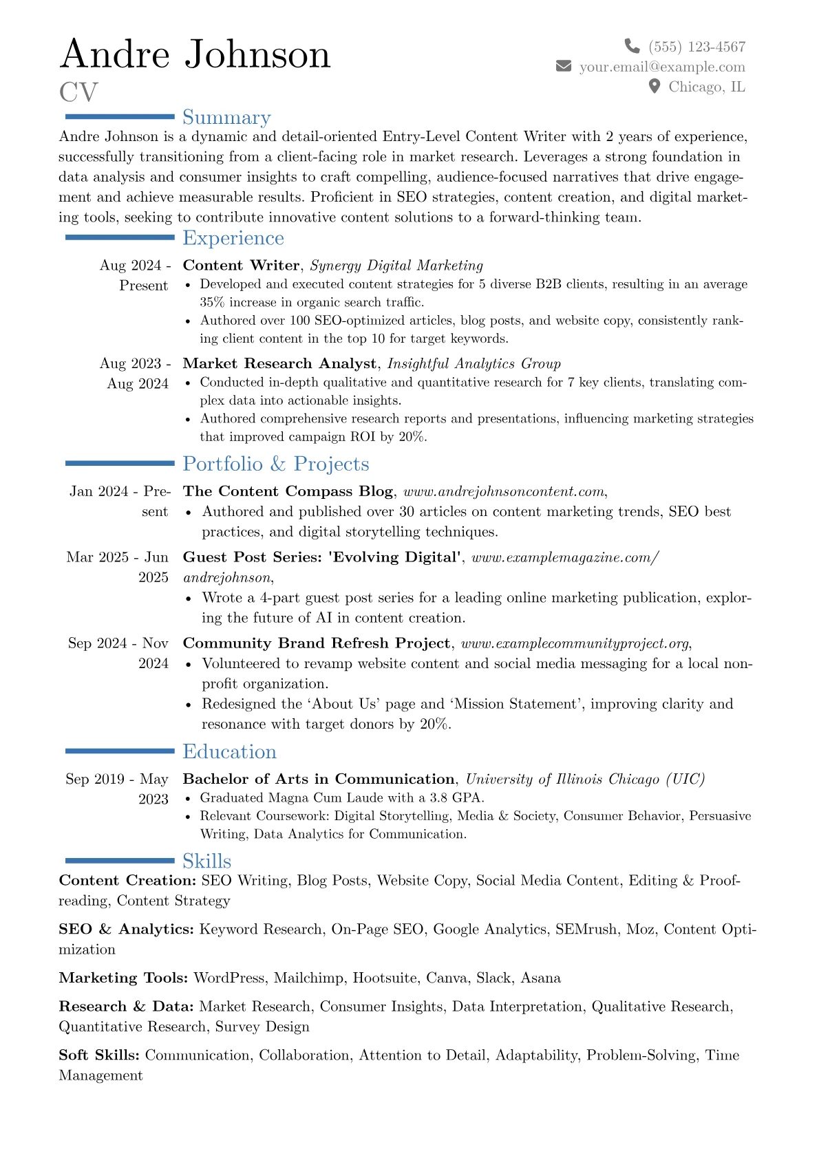 Entry-Level Content Writer resume example, Career changer, page 1