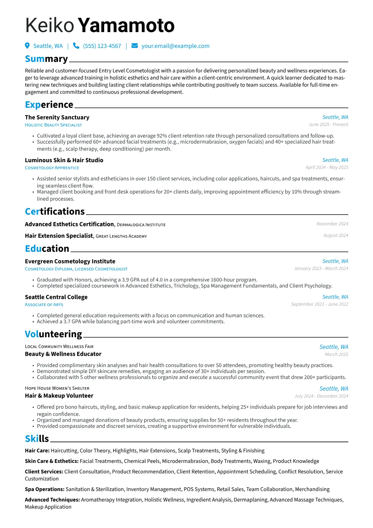 Entry Level Cosmetologist resume example, Entry Level Cosmetologist, page 1