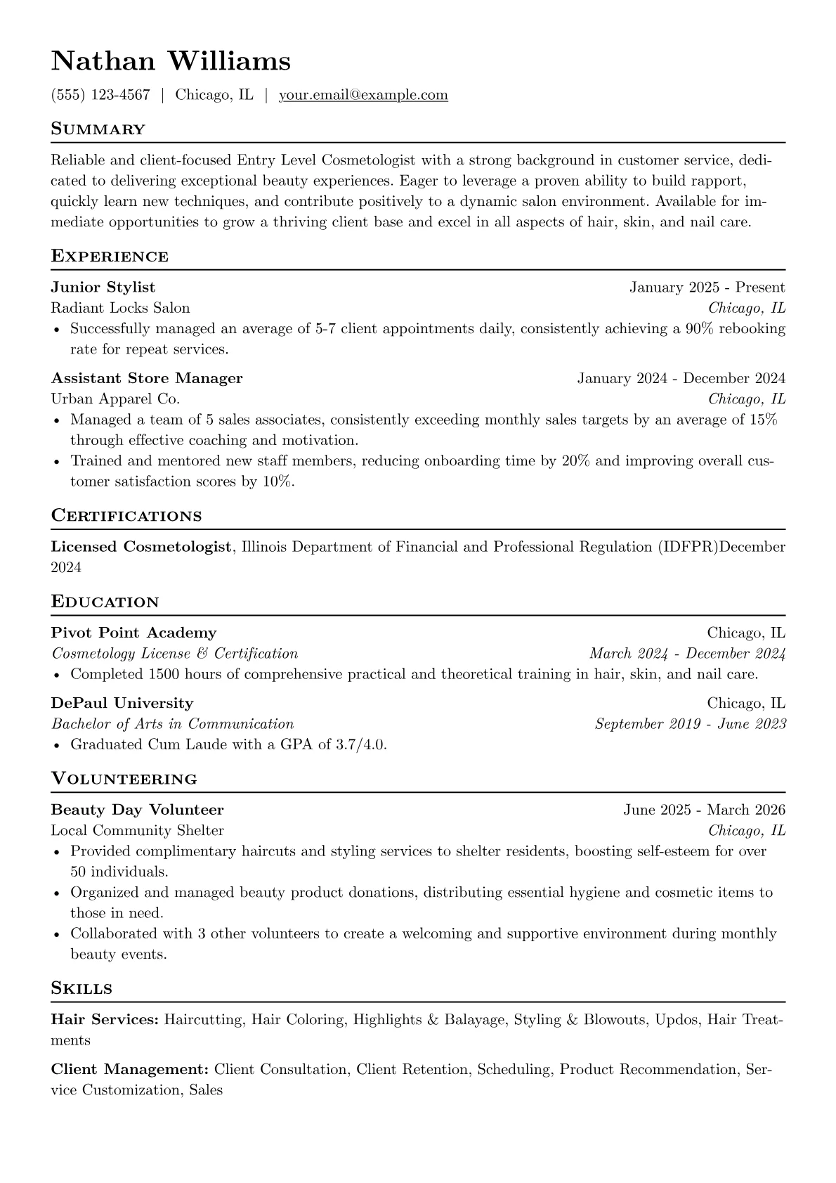 Entry Level Cosmetologist resume example, Career changer, page 1