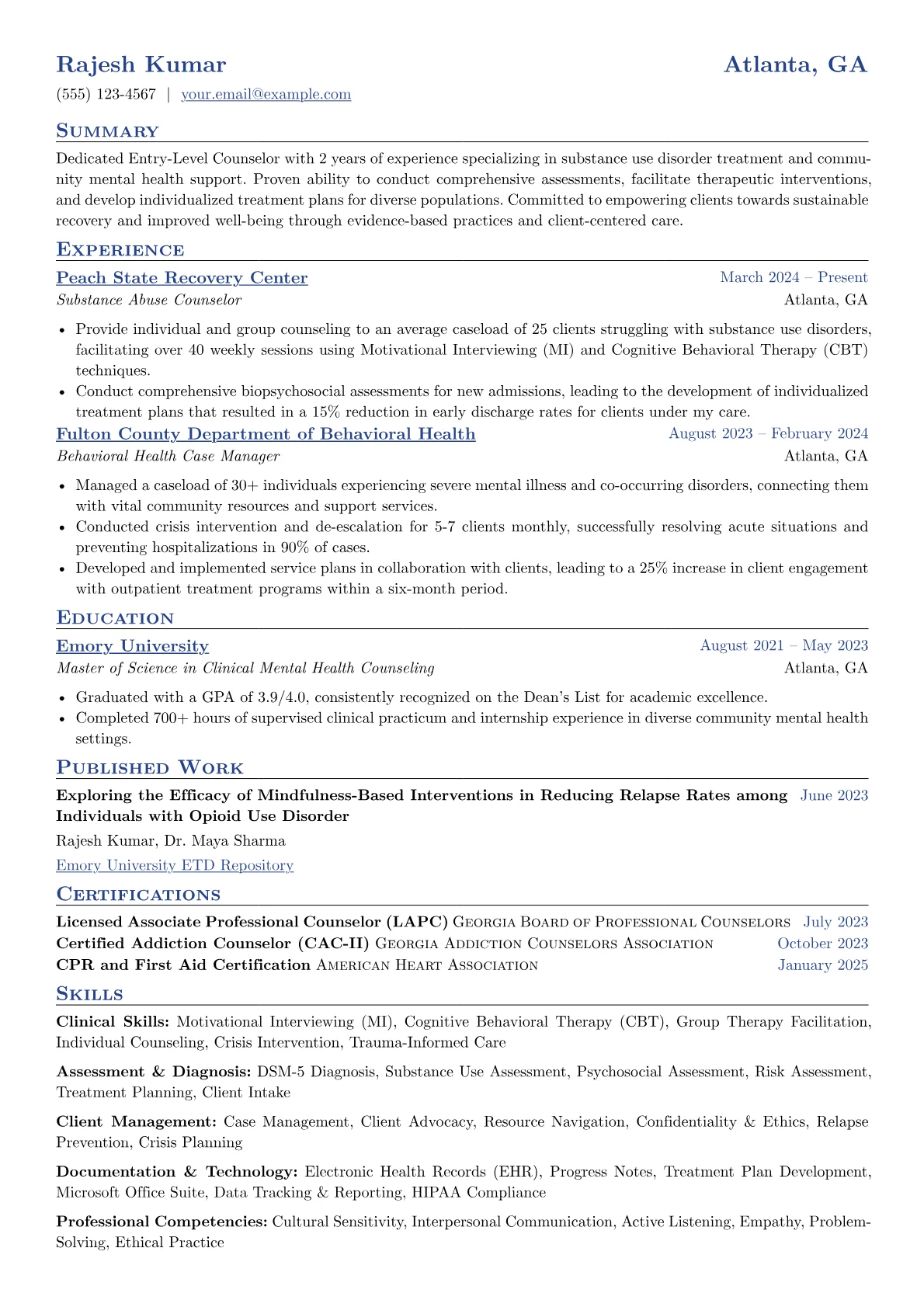 Entry-Level Counselor resume example, Substance Abuse, page 1
