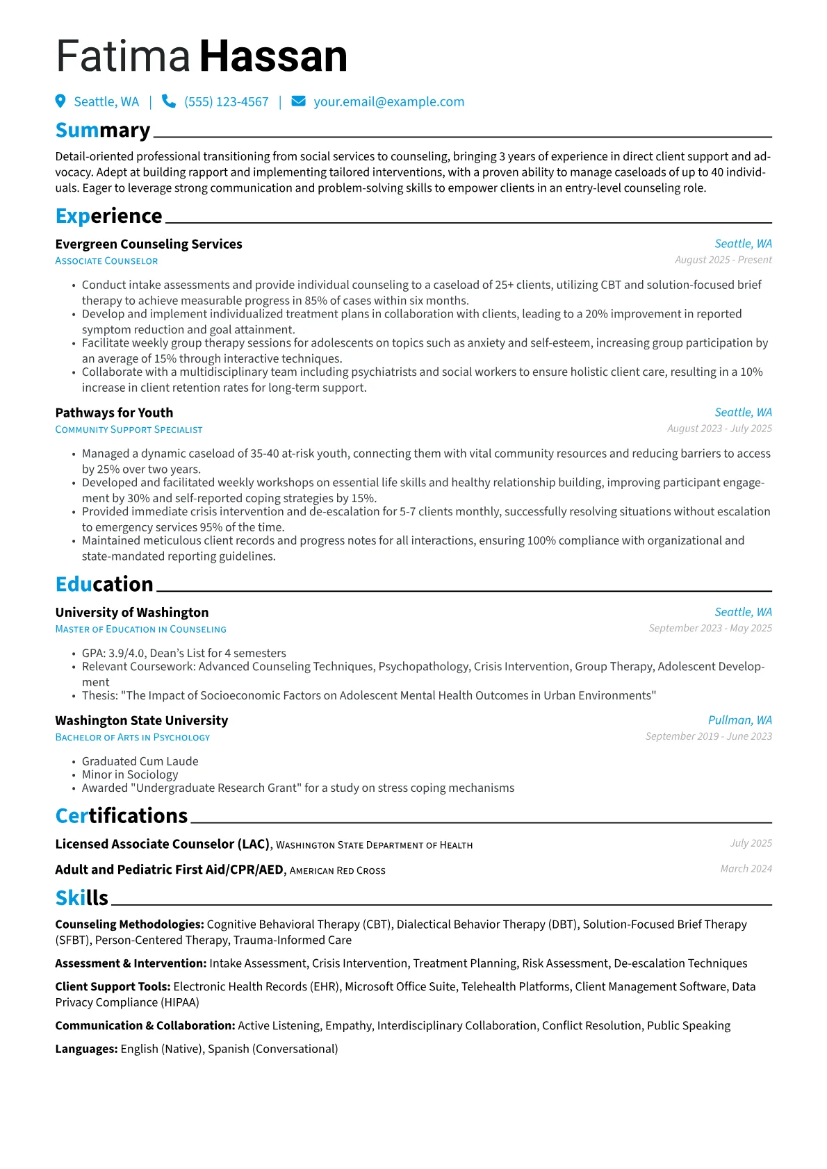 Entry-Level Counselor resume example, Career changer, page 1