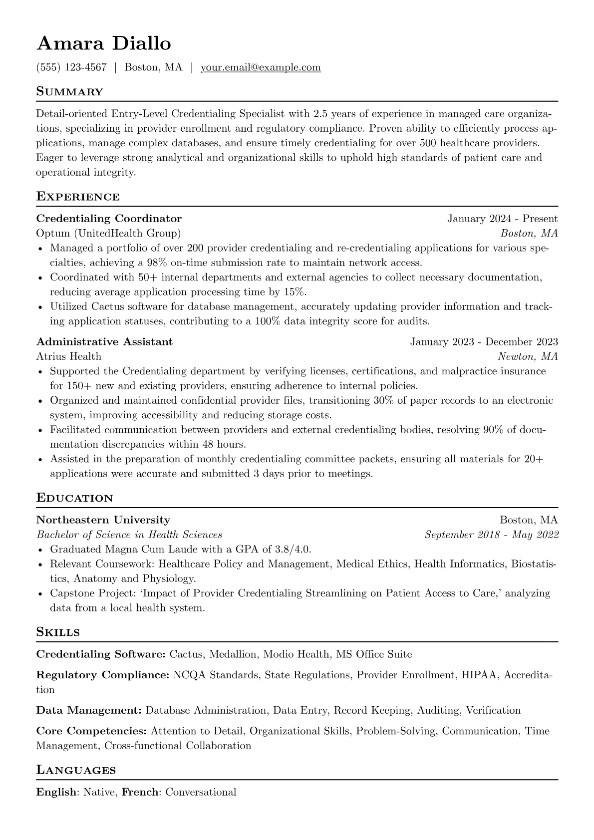 Entry-Level Credentialing Specialist resume example, Managed Care Focus, page 1