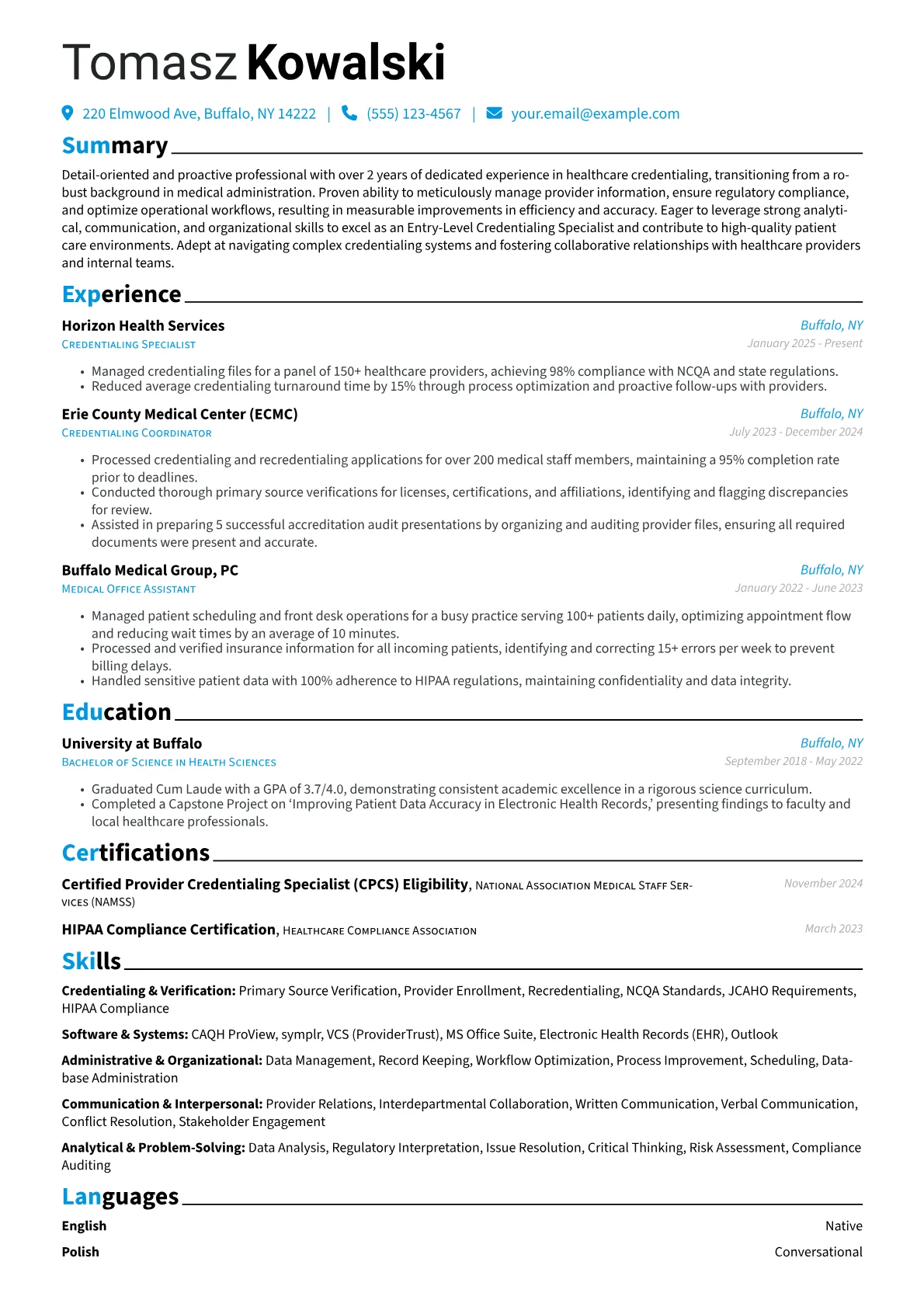 Entry-Level Credentialing Specialist resume example, Career changer, page 1