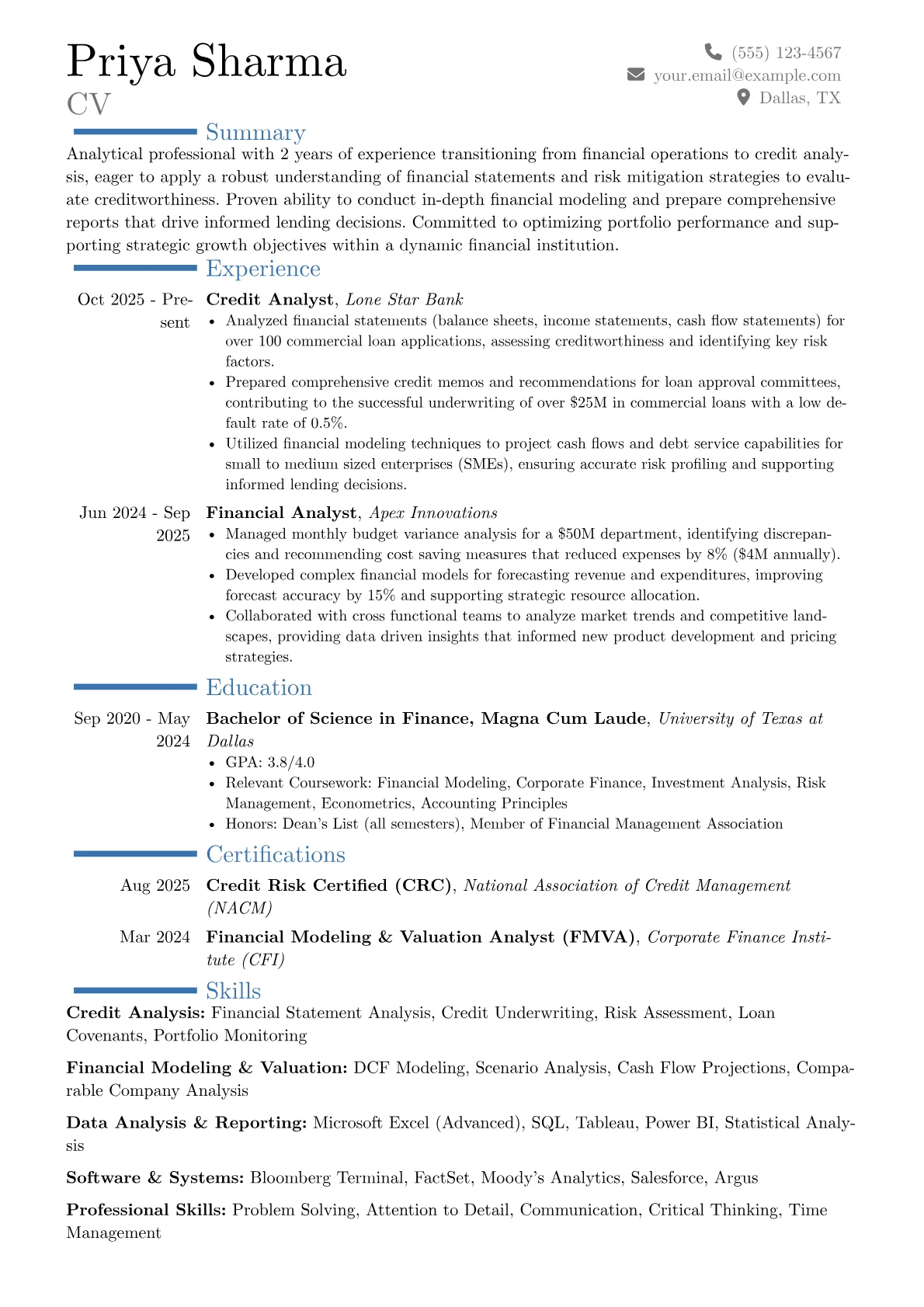 Entry-Level Credit Analyst resume example, Career changer, page 1