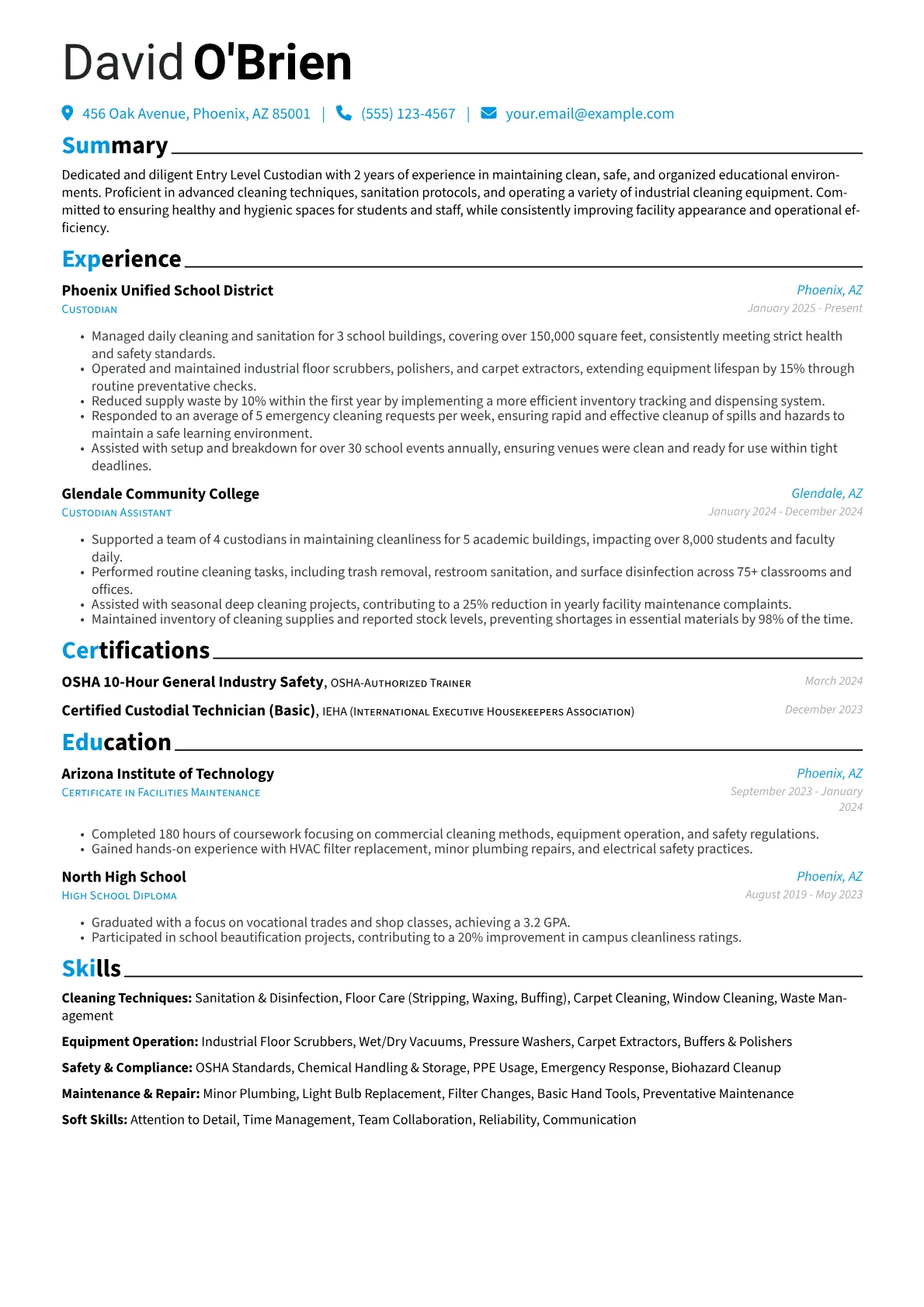 Entry Level Custodian resume example, Educational Facility, page 1