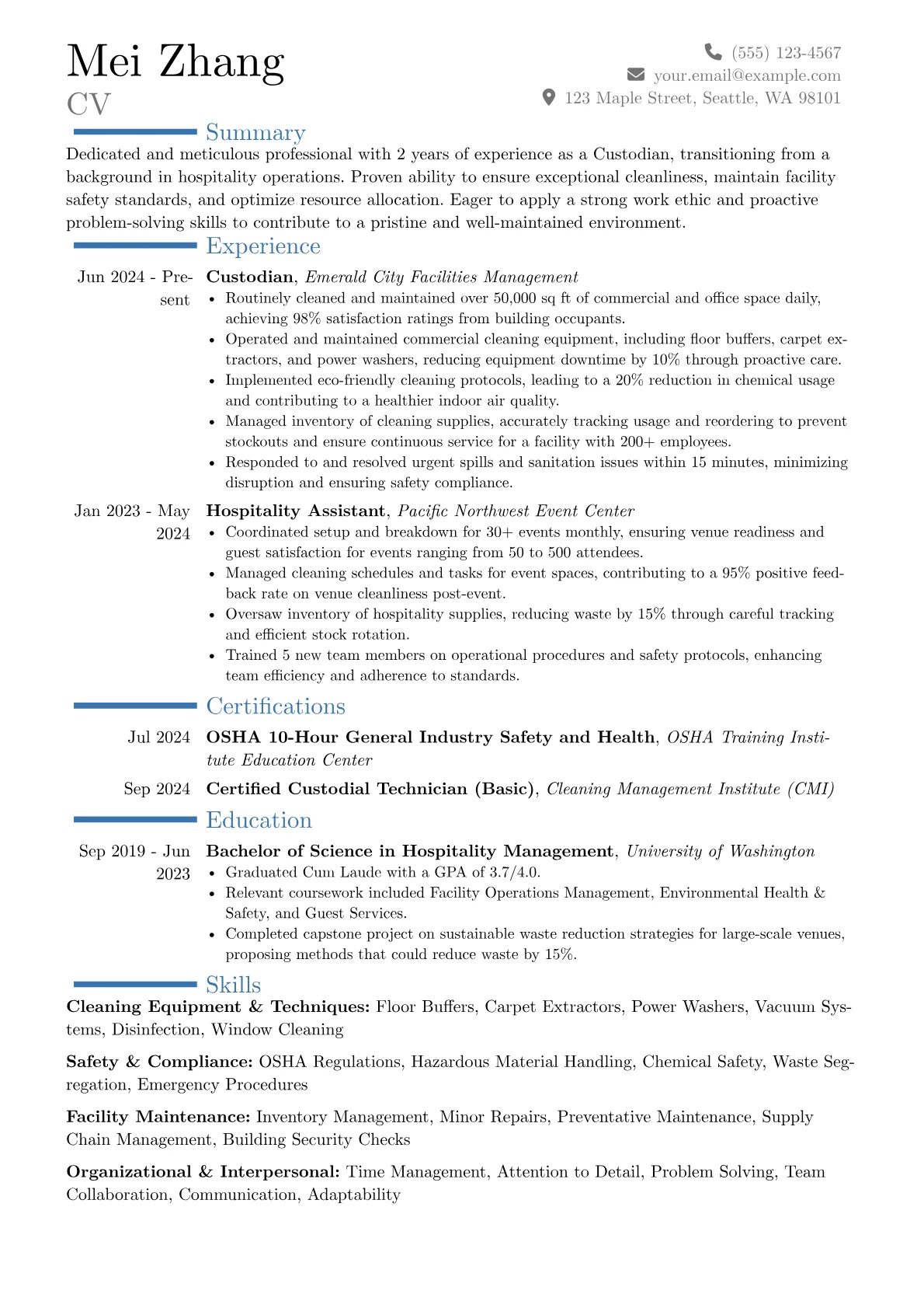 Entry Level Custodian resume example, Career changer, page 1