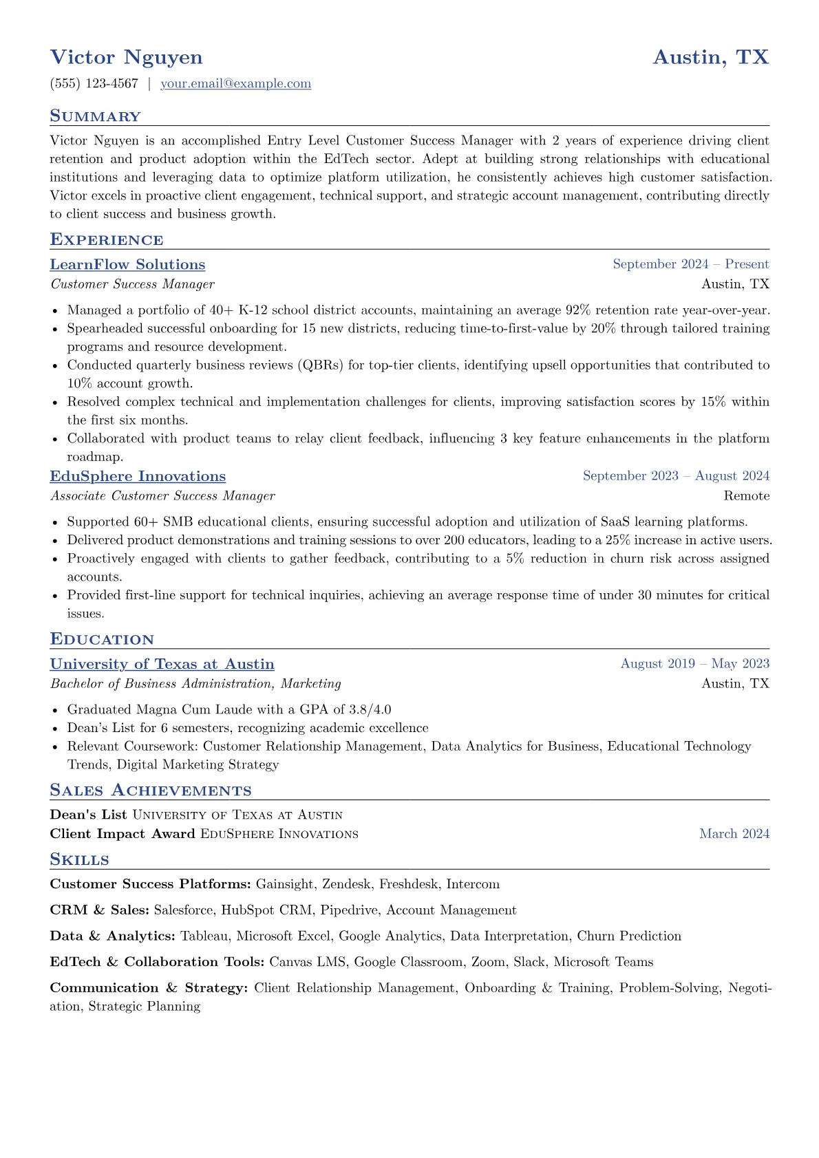 Entry Level Customer Success Manager resume example, Entry Level Customer, page 1