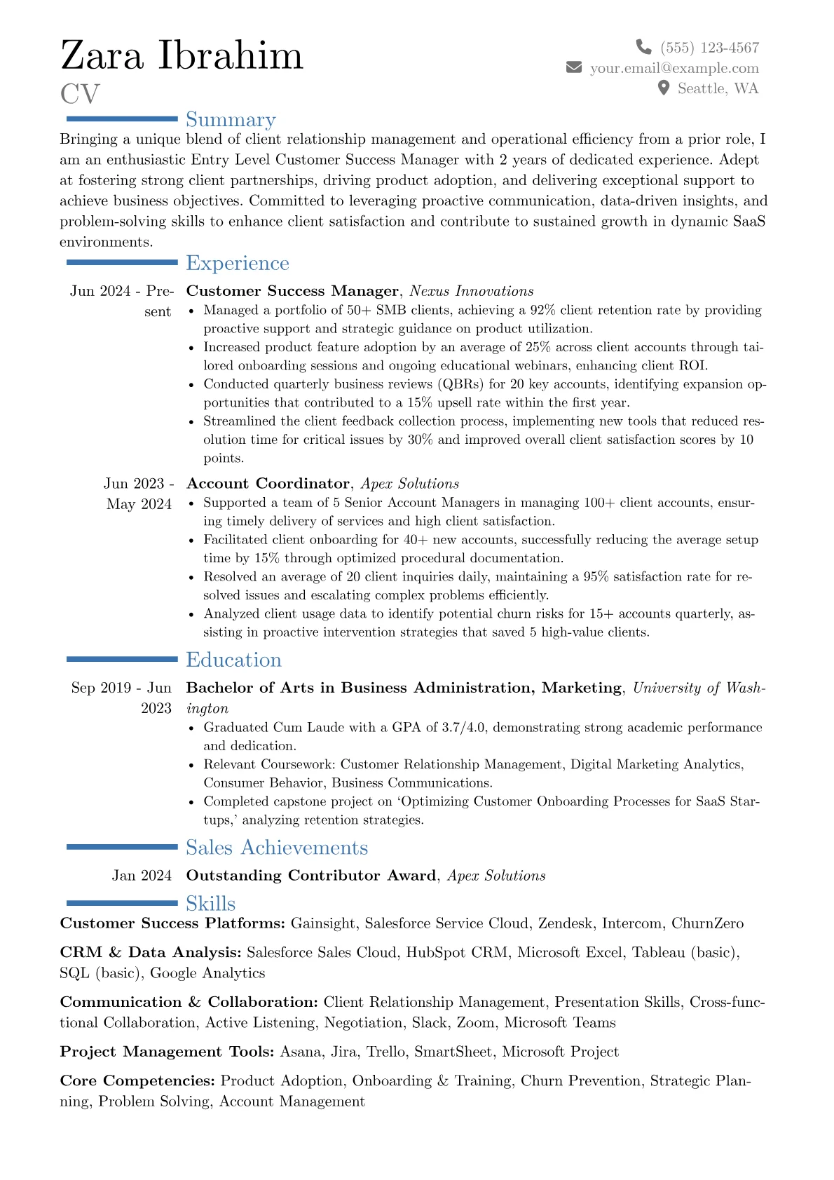 Entry Level Customer Success Manager resume example, Career changer, page 1
