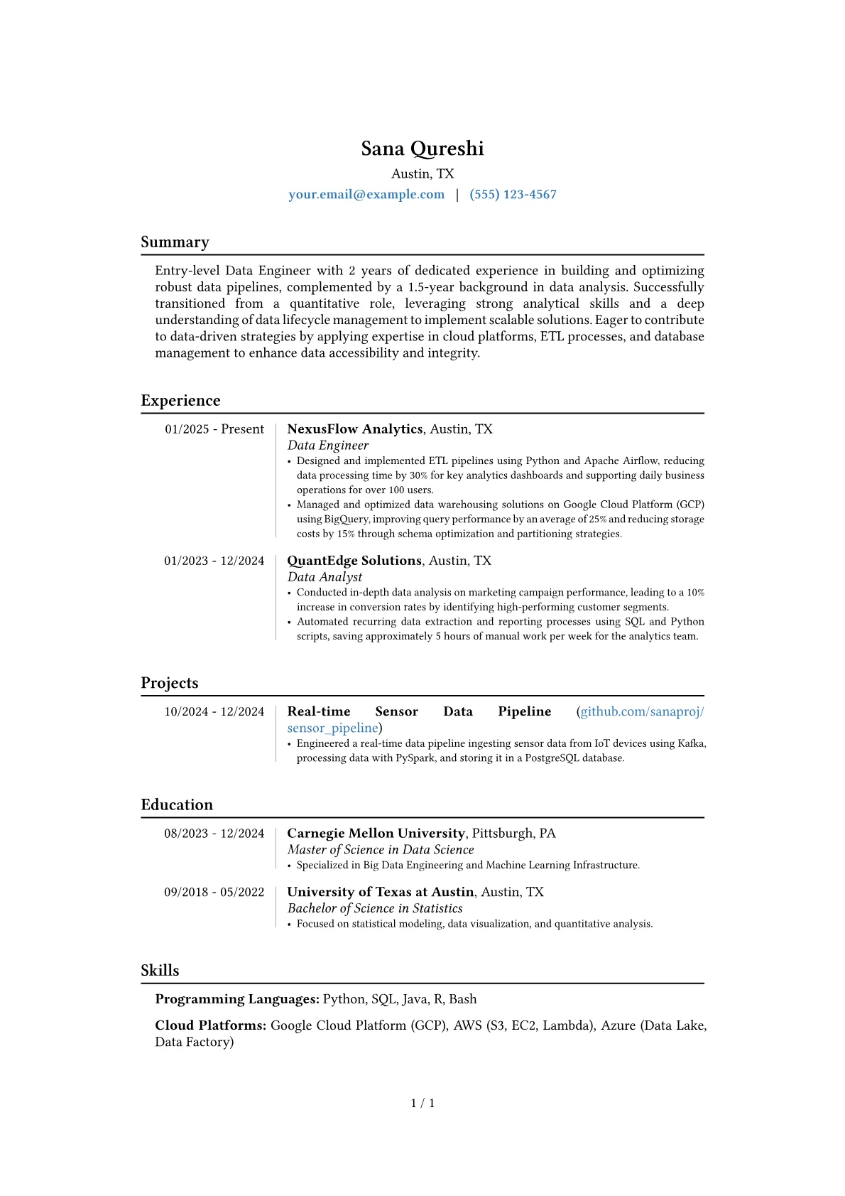 Entry-Level Data Engineer resume example, Career changer, page 1