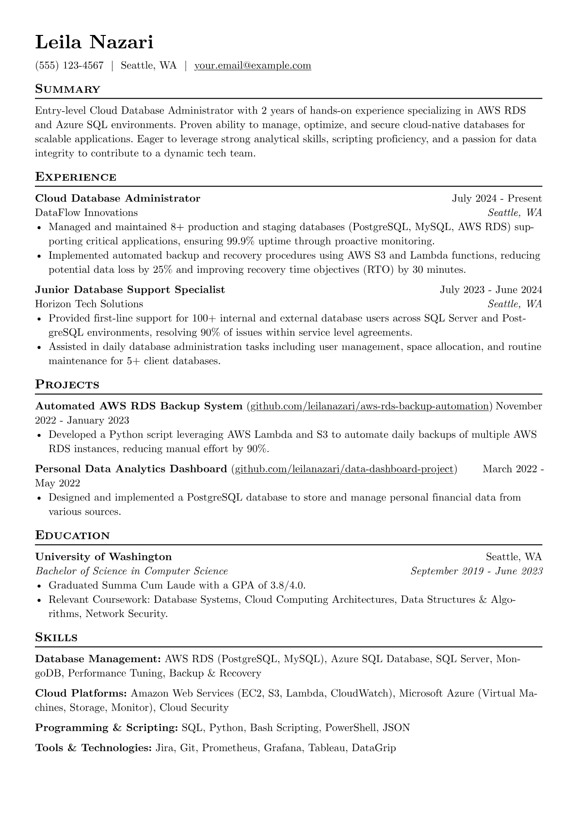 Entry-Level Database Administrator resume example, Entry-Level Cloud Database, page 1