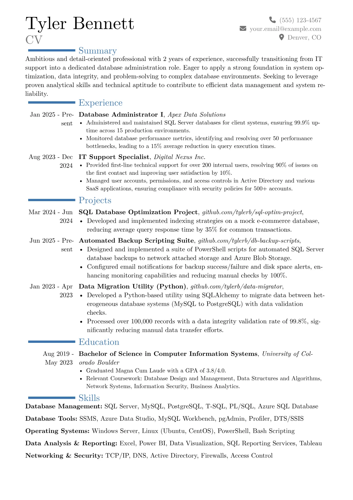 Entry-Level Database Administrator resume example, Career changer, page 1
