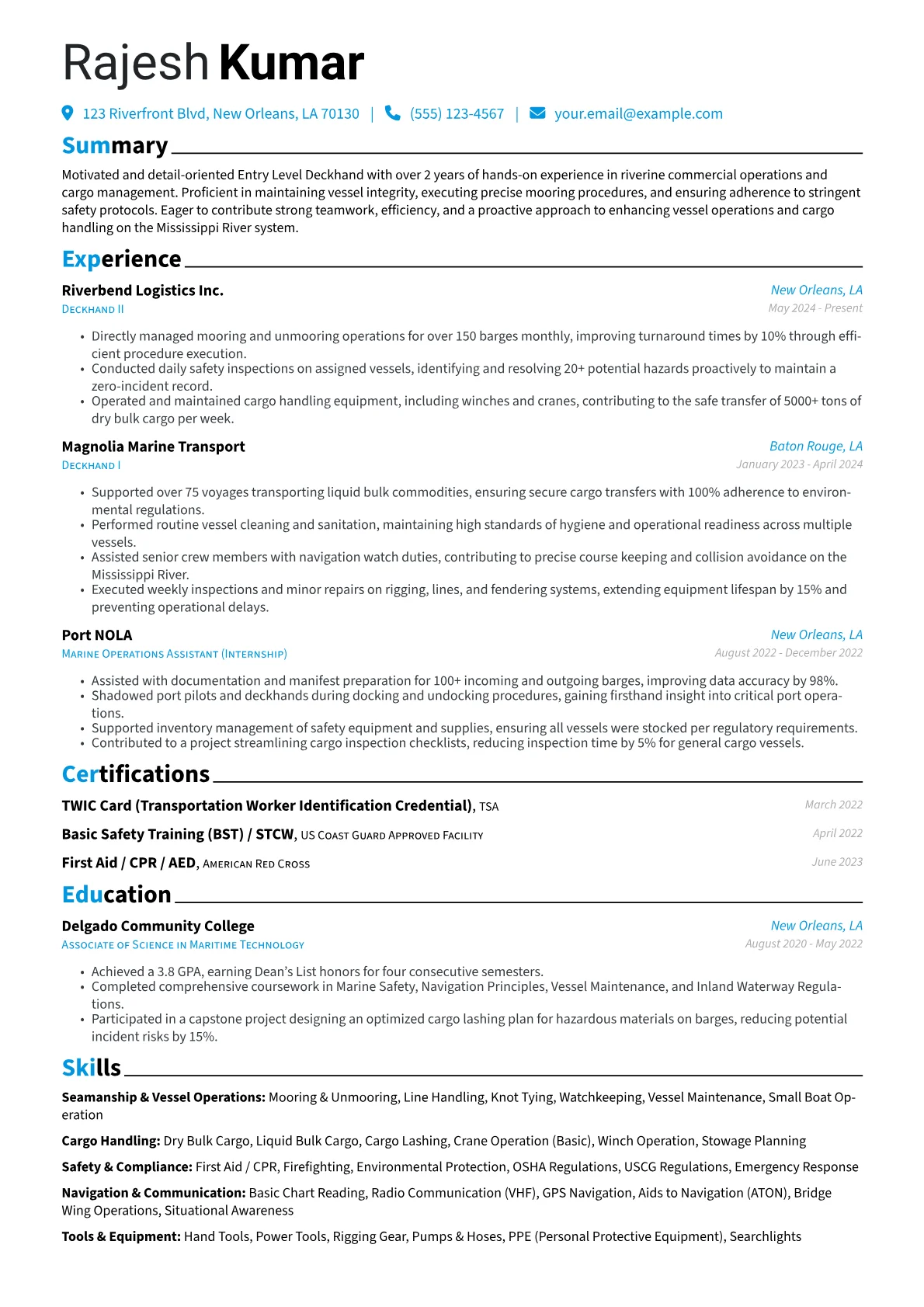 Entry Level Deckhand resume example, River Barge Operations, page 1