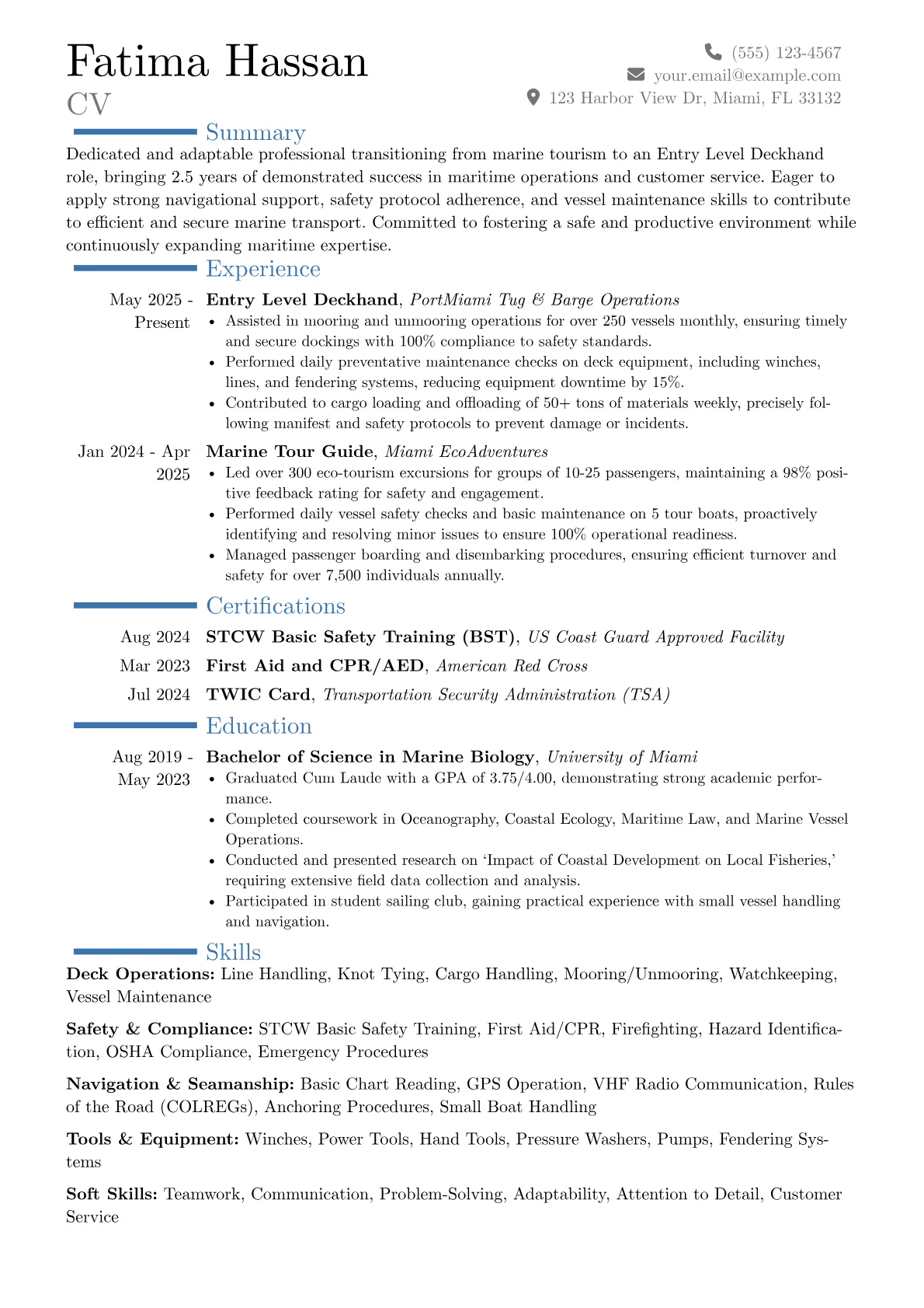 Entry Level Deckhand resume example, Career changer, page 1