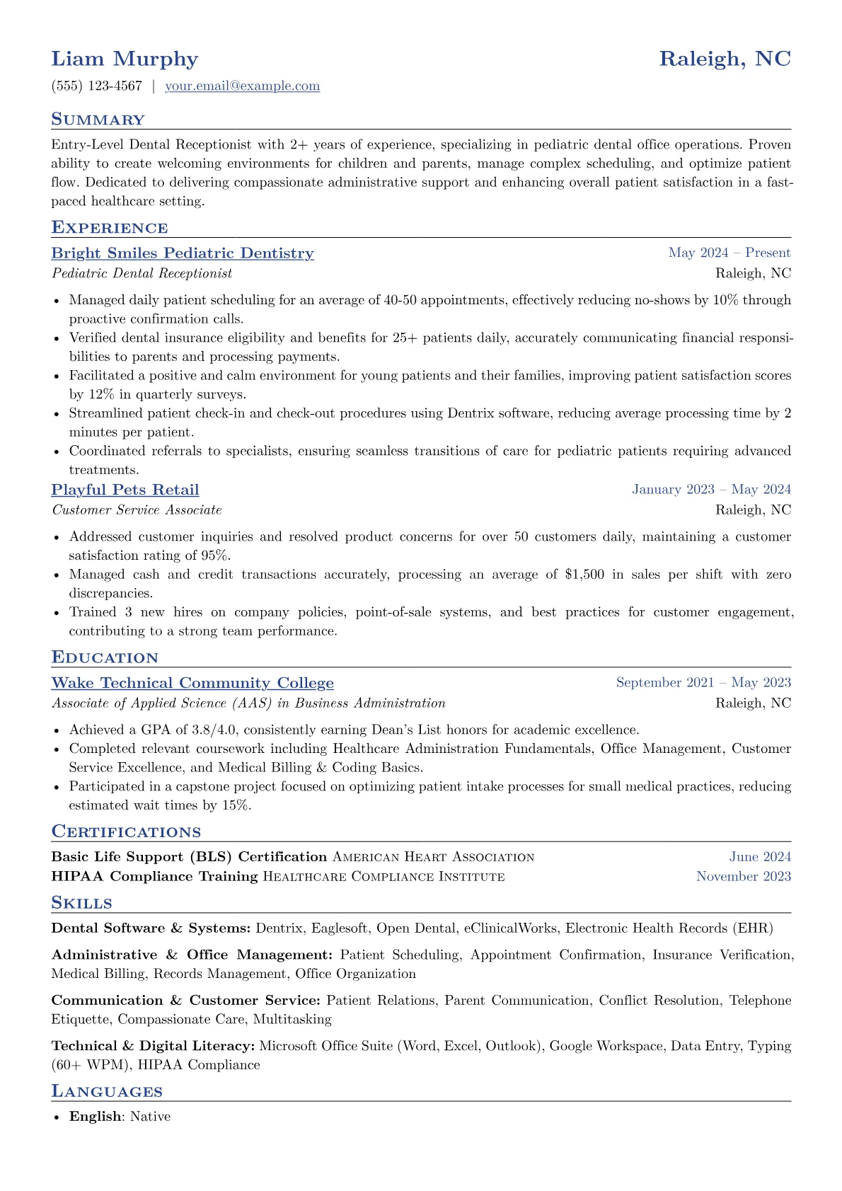Entry-Level Dental Receptionist resume example, Entry-Level Pediatric, page 1