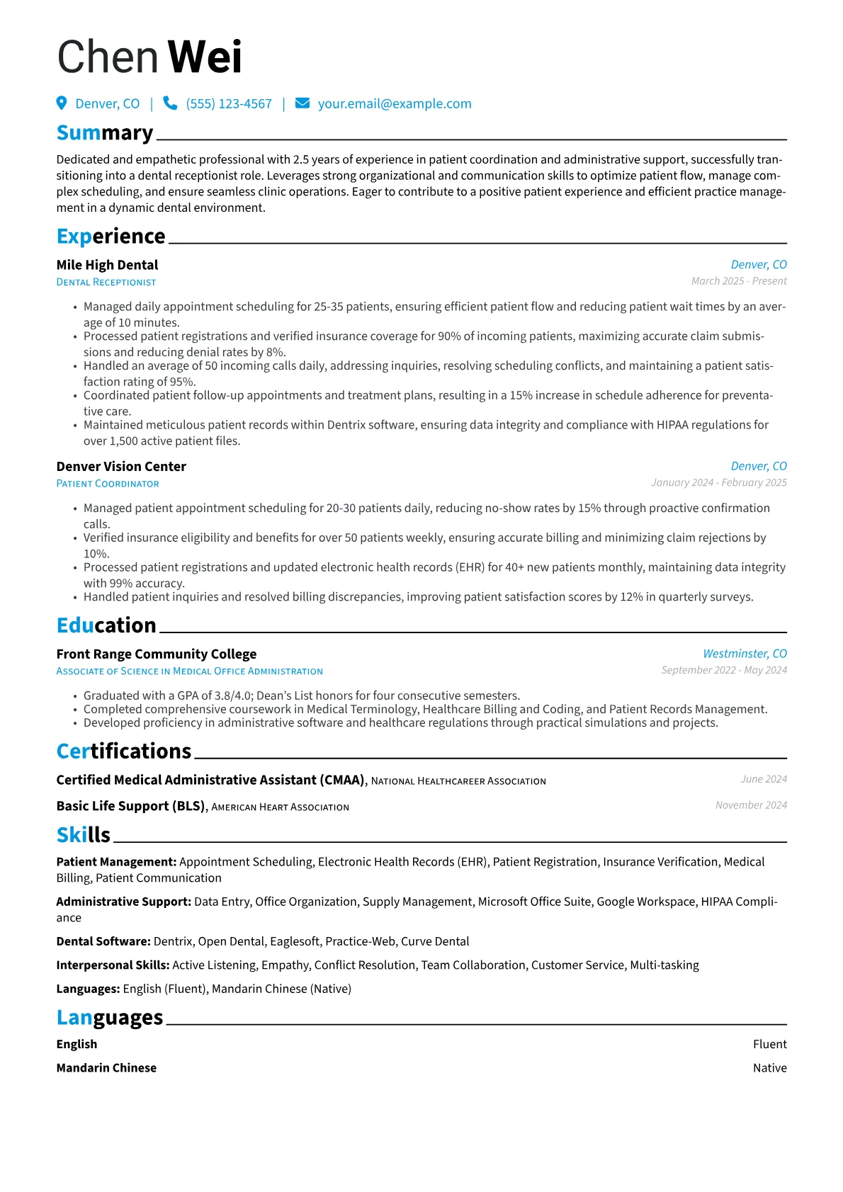 Entry-Level Dental Receptionist resume example, Career changer, page 1