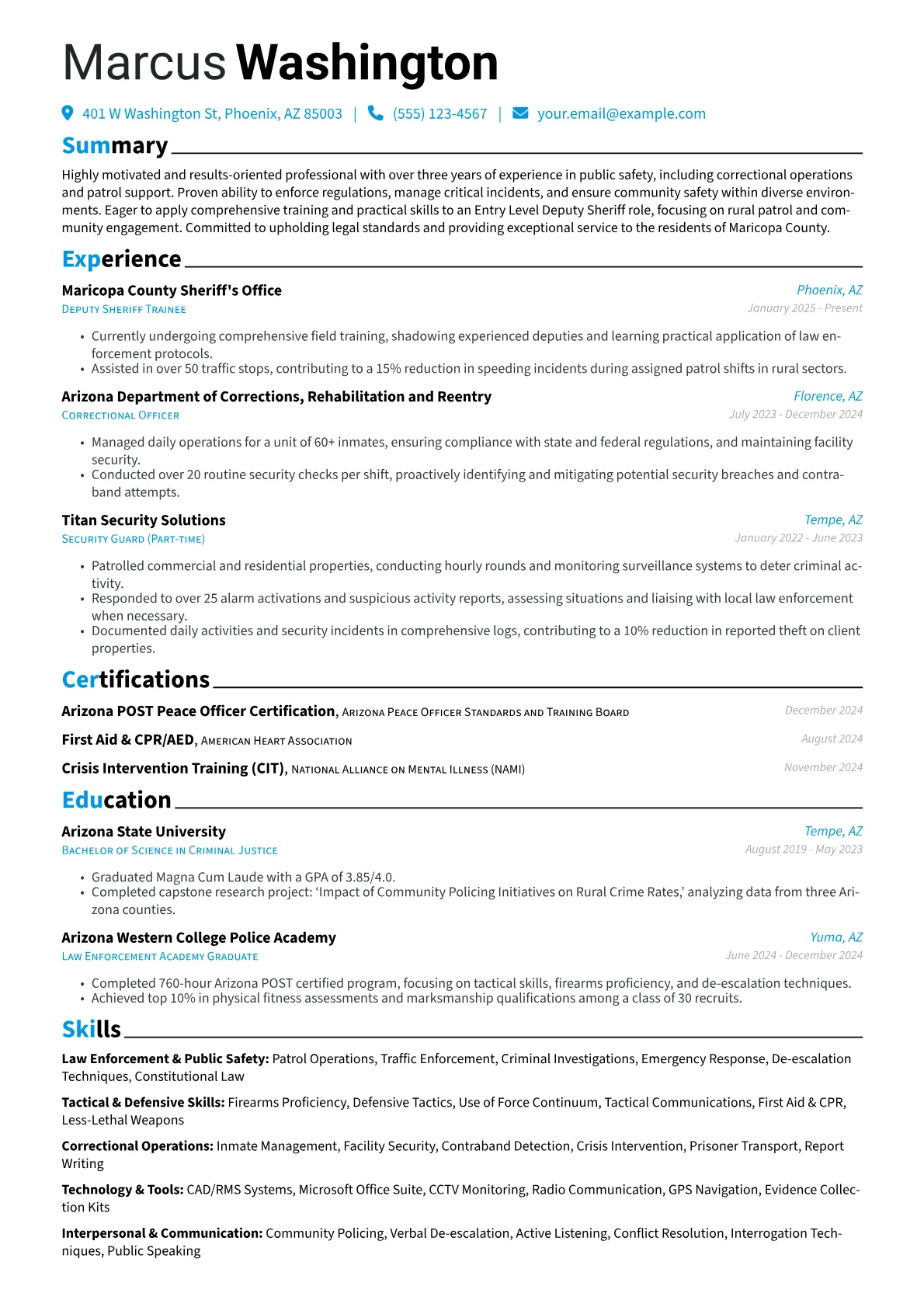 Entry Level Deputy Sheriff resume example, Law Enforcement & Public, page 1