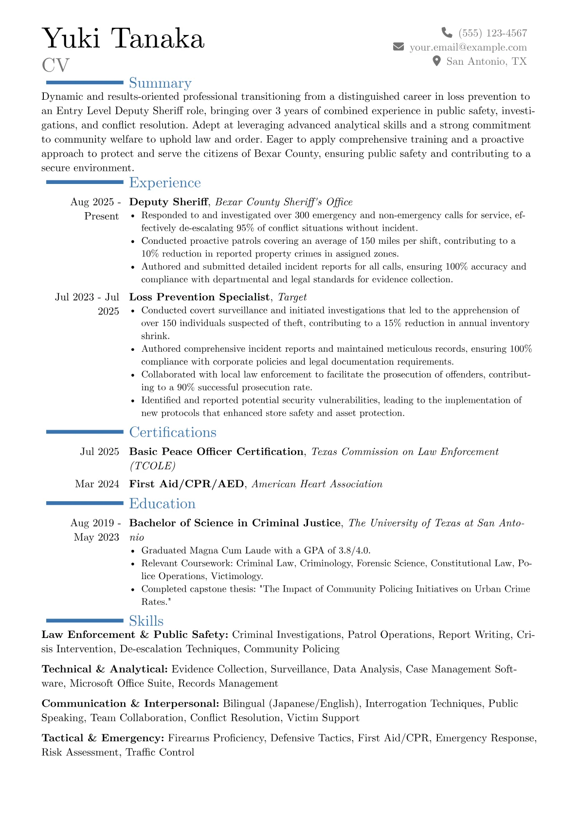 Entry Level Deputy Sheriff resume example, Career changer, page 1