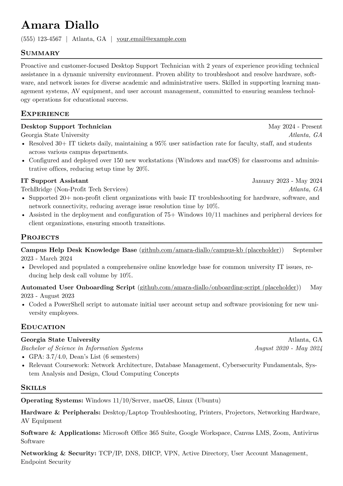 Entry-Level Desktop Support Technician resume example, Entry-Level Desktop, page 1