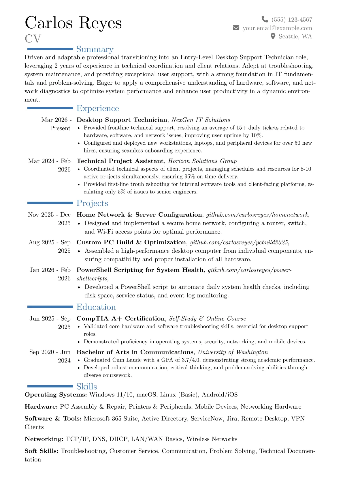 Entry-Level Desktop Support Technician resume example, Career changer, page 1