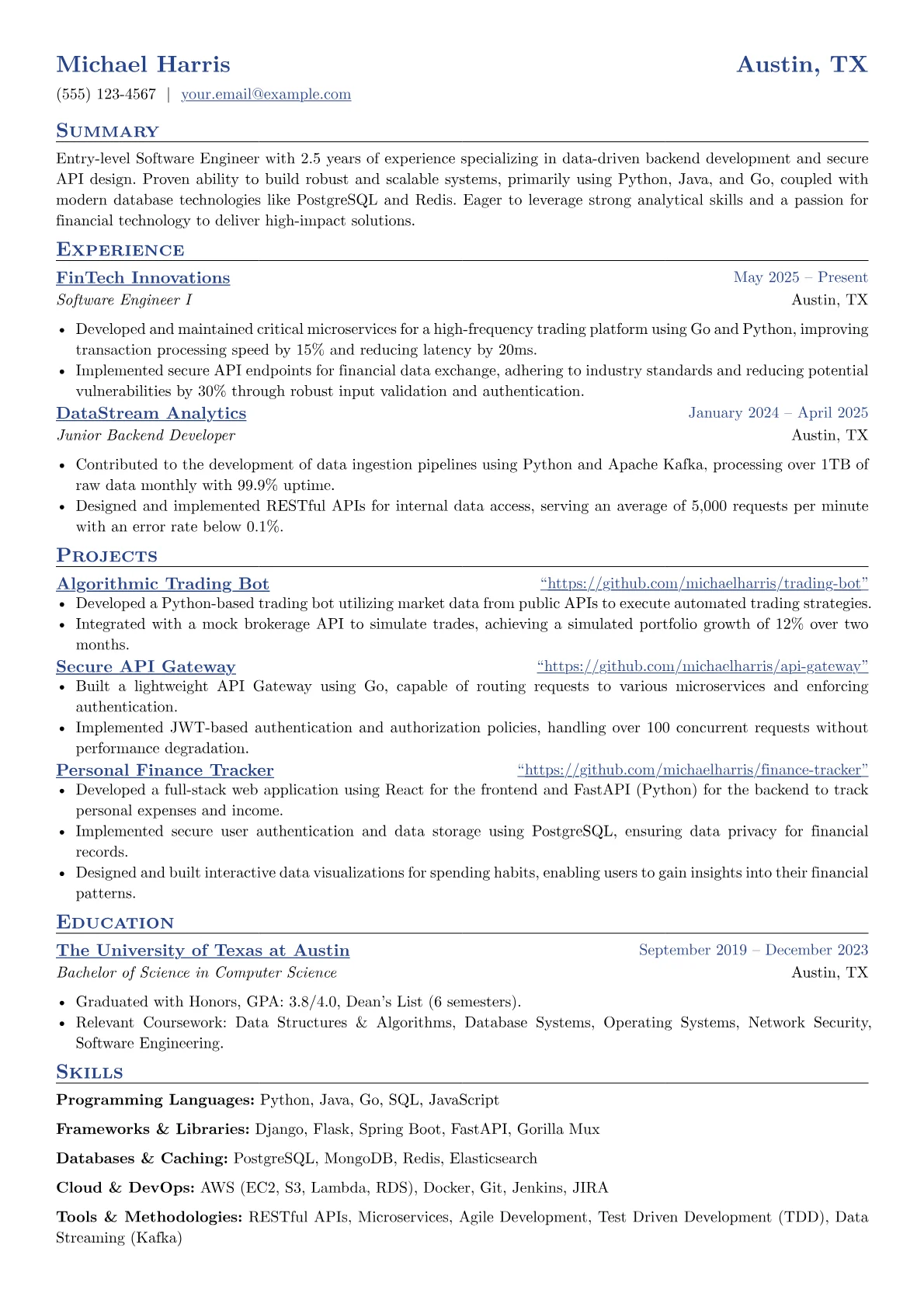 Entry Level Developer resume example, Entry Level Backend, page 1
