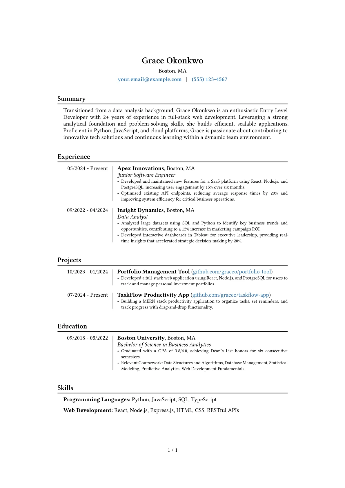 Entry Level Developer resume example, Career changer, page 1