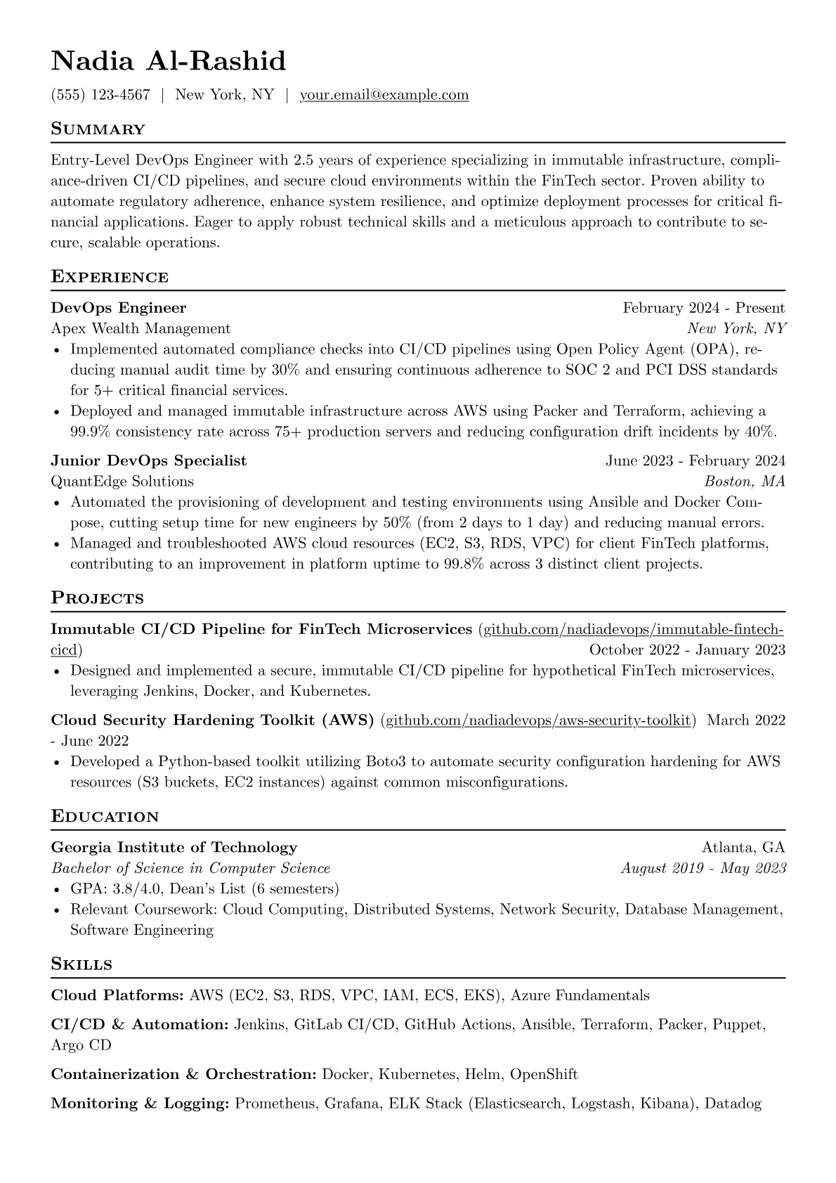Entry-Level DevOps Engineer resume example, FinTech & Compliance, page 1