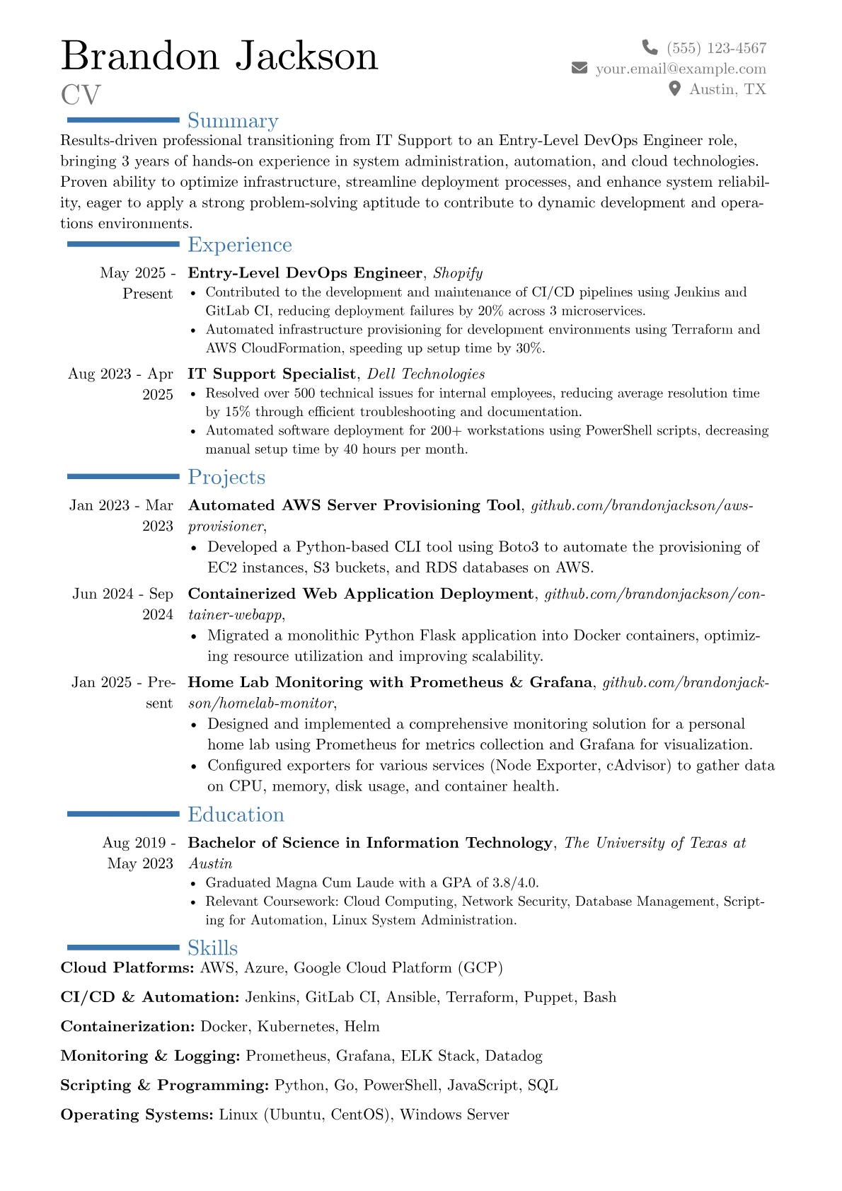 Entry-Level DevOps Engineer resume example, Career changer, page 1