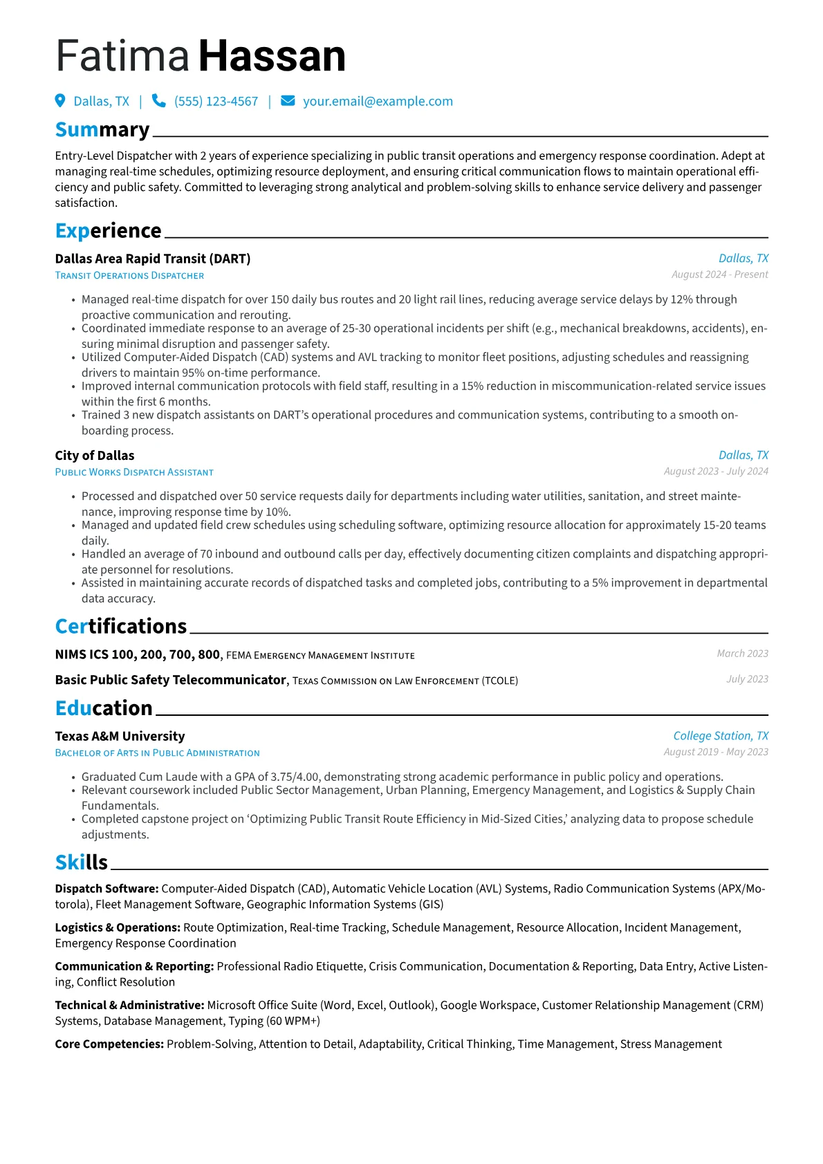 Entry-Level Dispatcher resume example, Public Transit Dispatcher, page 1