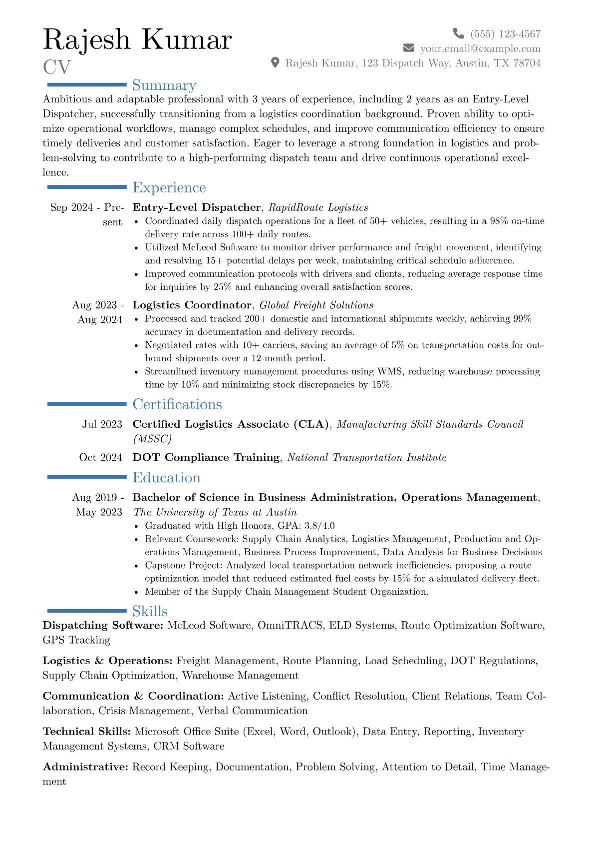Entry-Level Dispatcher resume example, Career changer, page 1