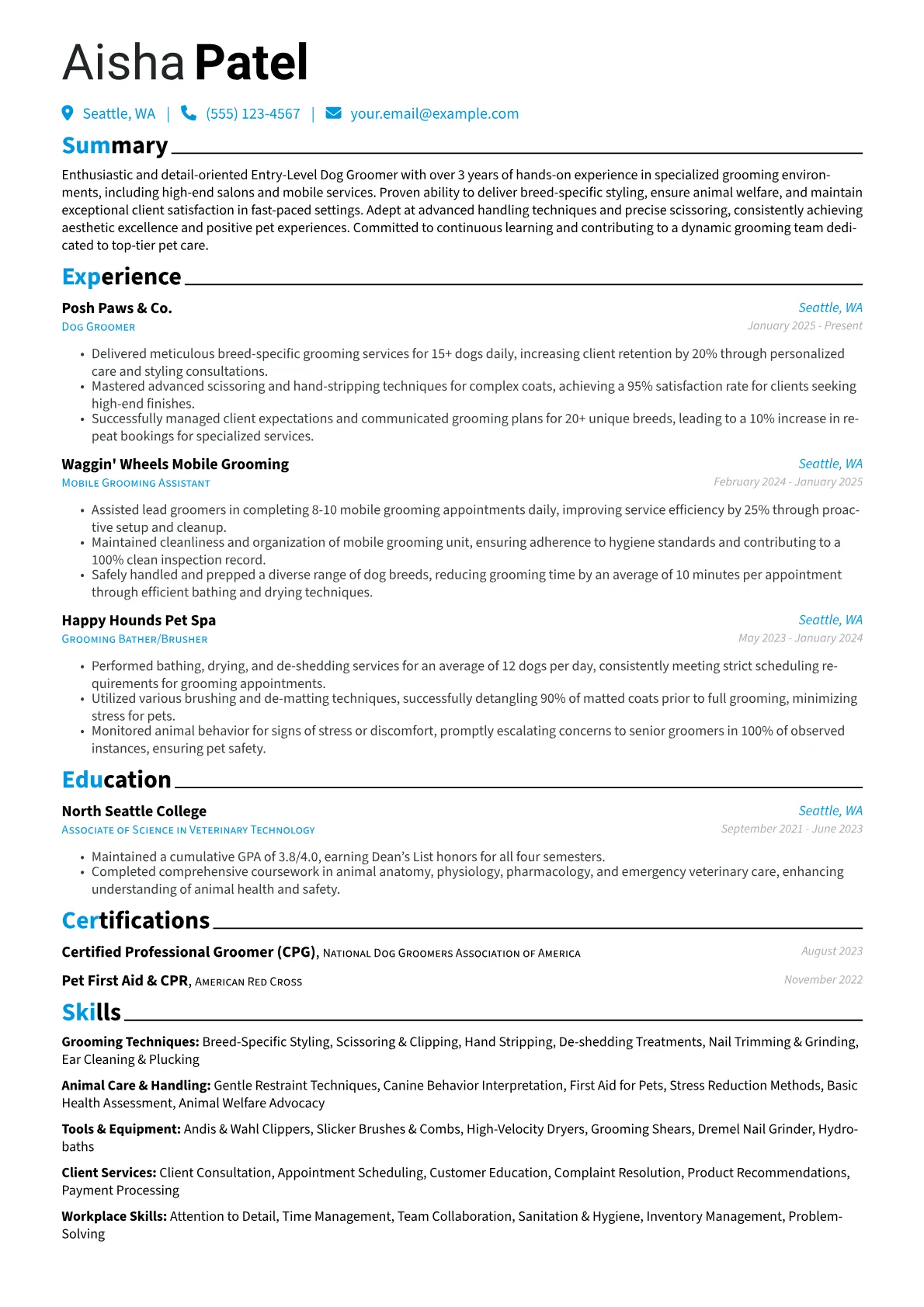 Entry-Level Dog Groomer resume example, Entry-Level Dog Groomer, page 1