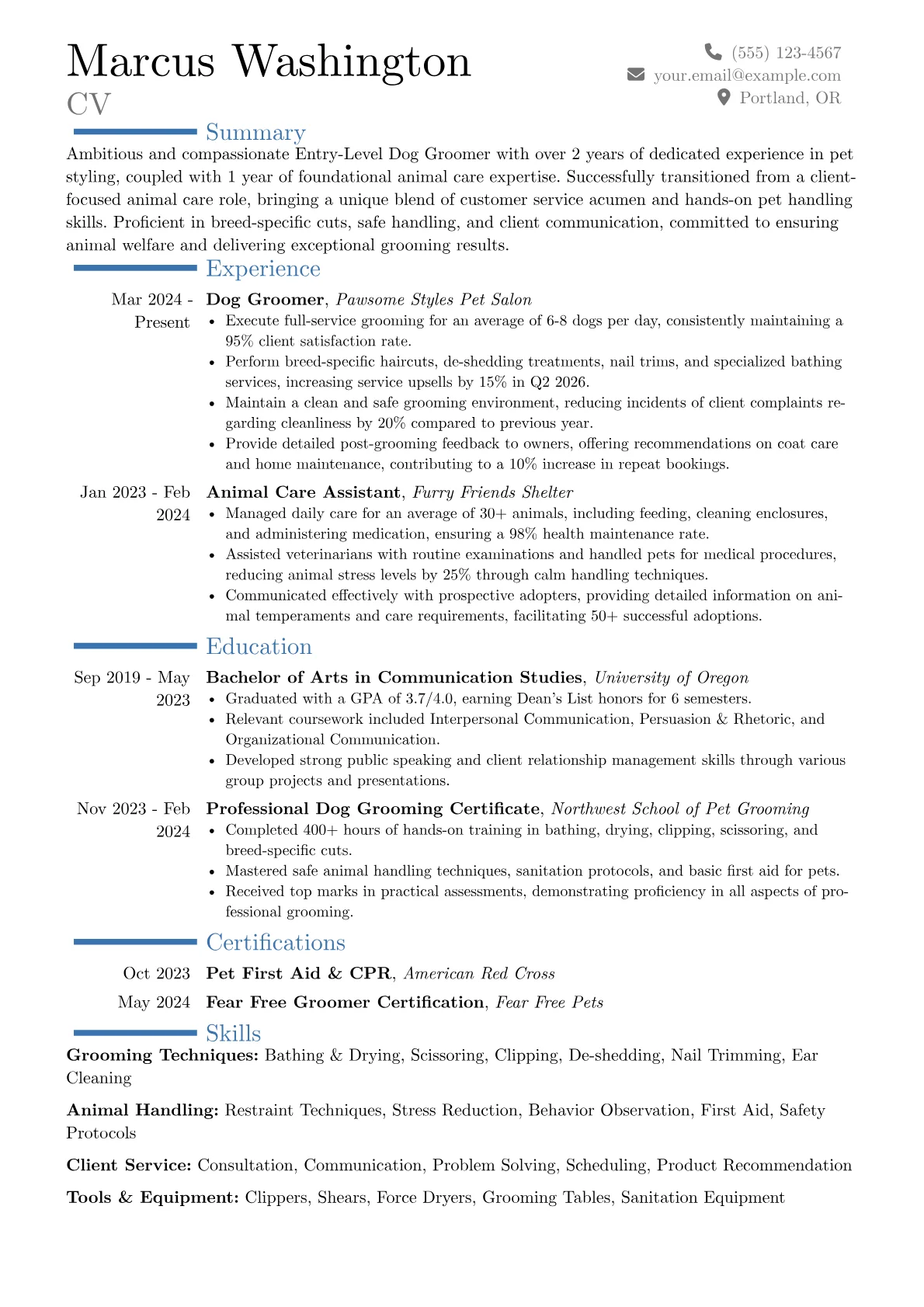Entry-Level Dog Groomer resume example, Career changer, page 1