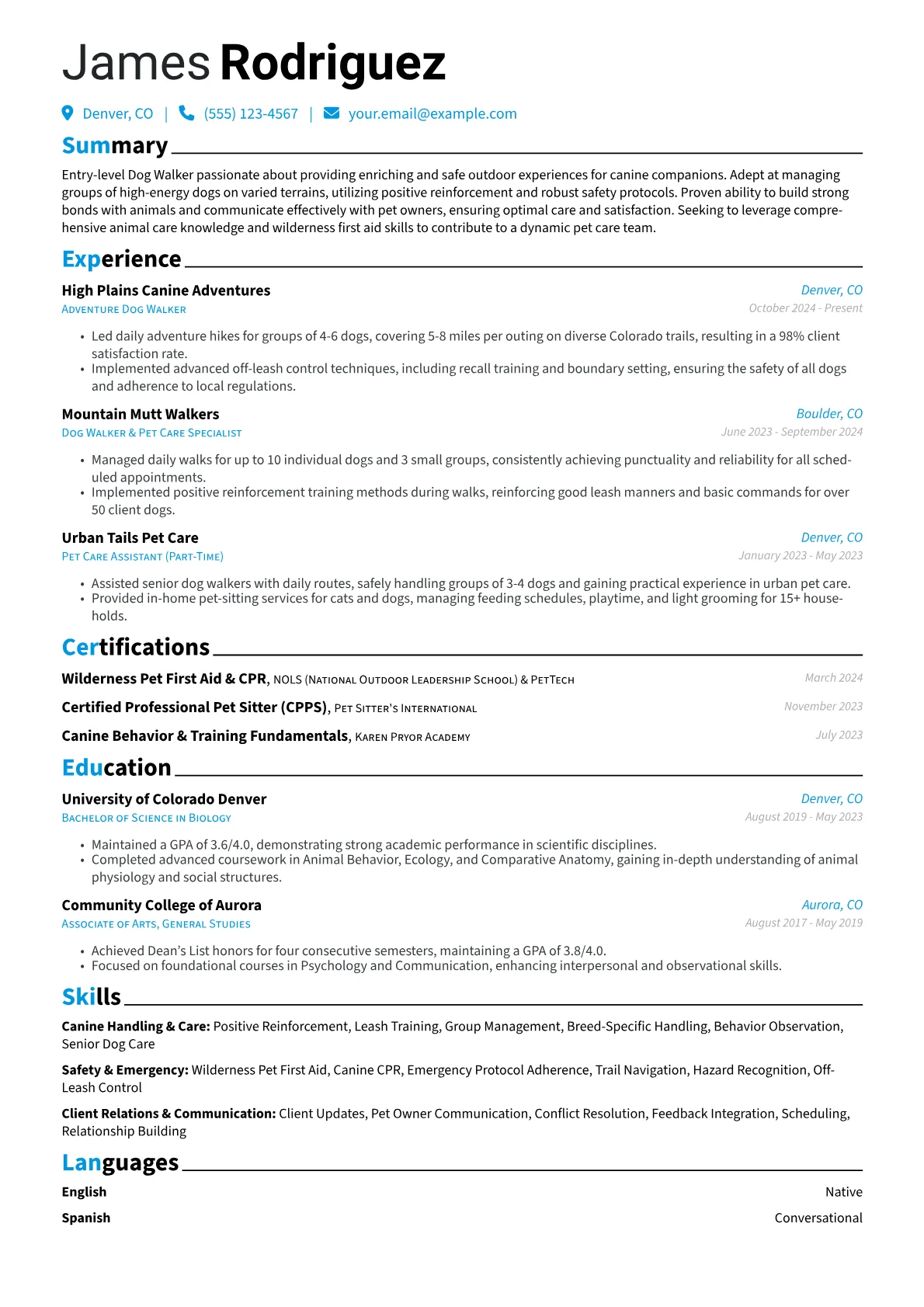 Entry-Level Dog Walker resume example, Adventurous Dog Walker, page 1