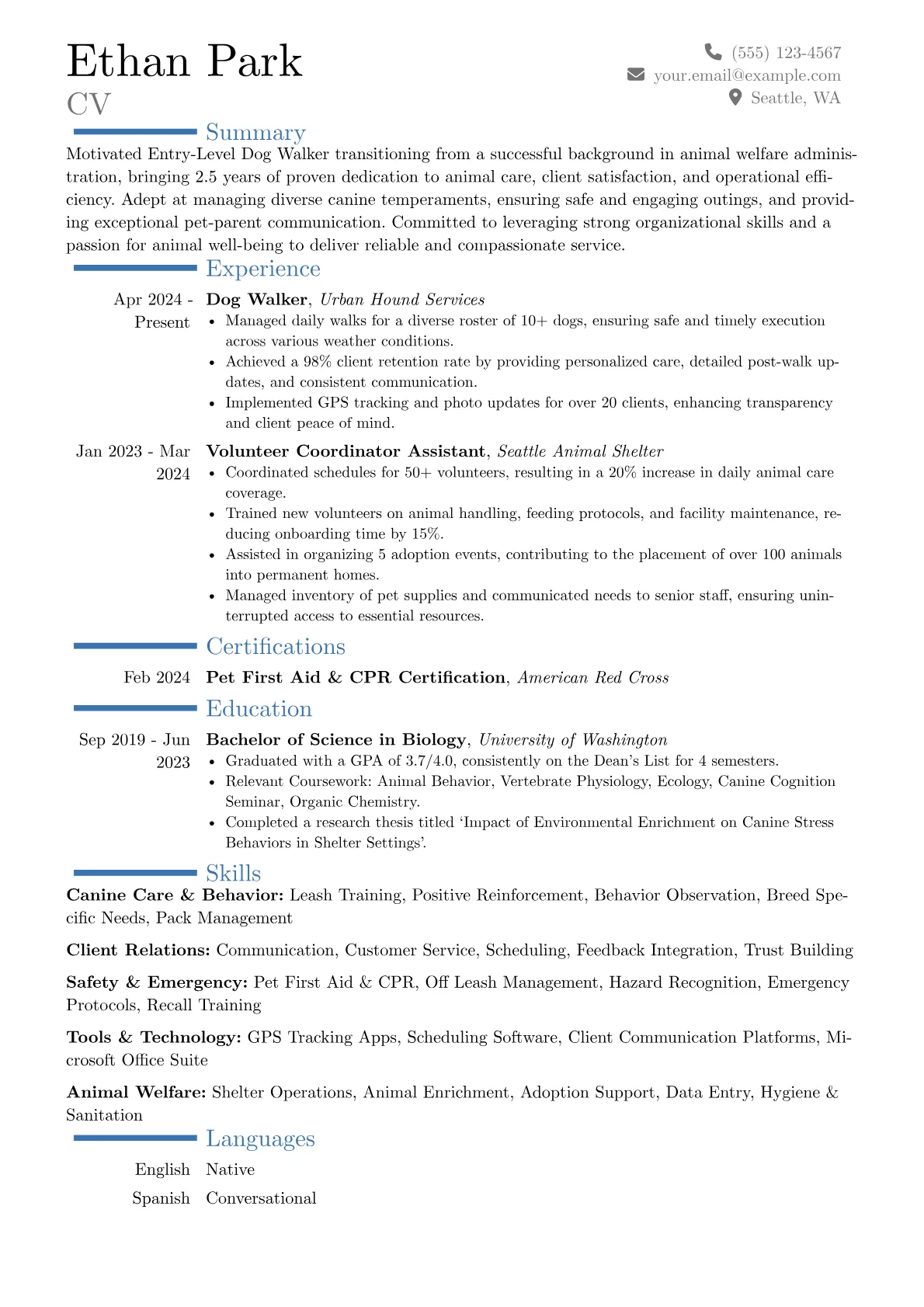 Entry-Level Dog Walker resume example, Career changer, page 1