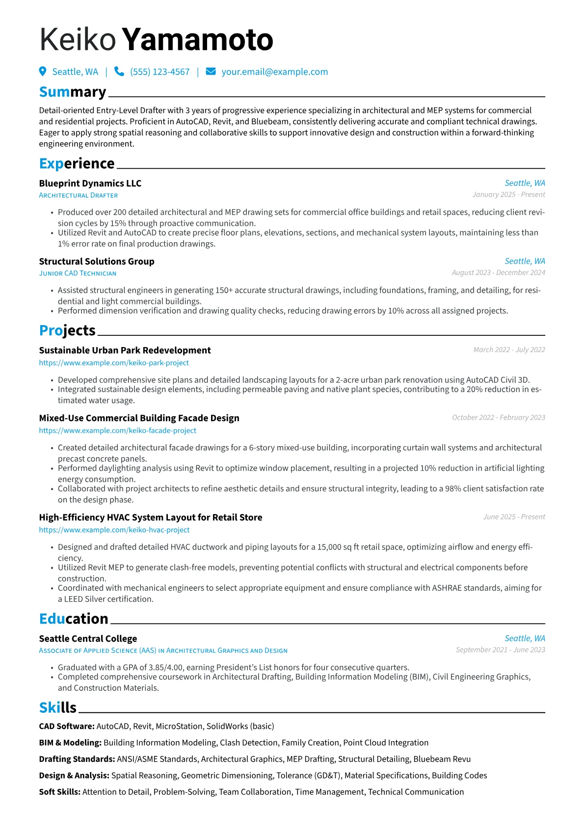 Entry-Level Drafter resume example, Architectural/MEP Drafter, page 1