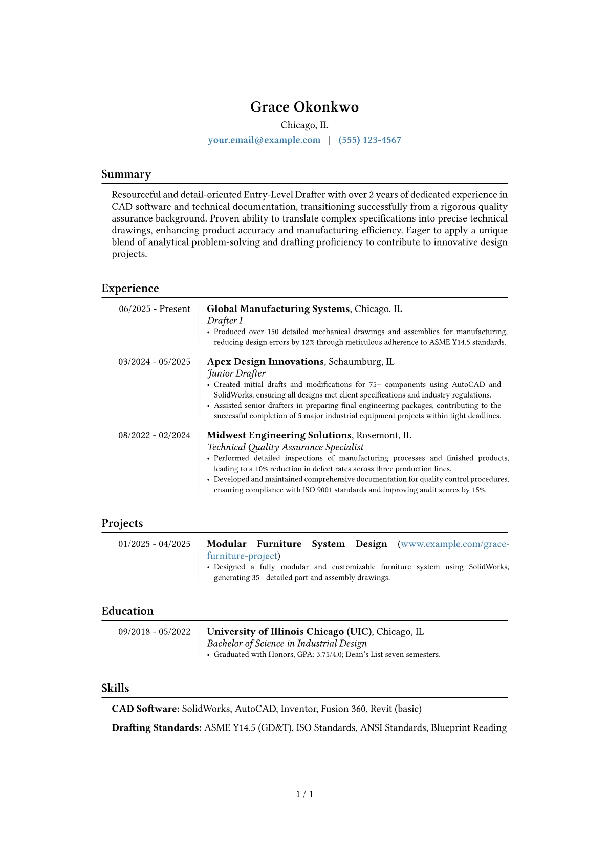 Entry-Level Drafter resume example, Career changer, page 1