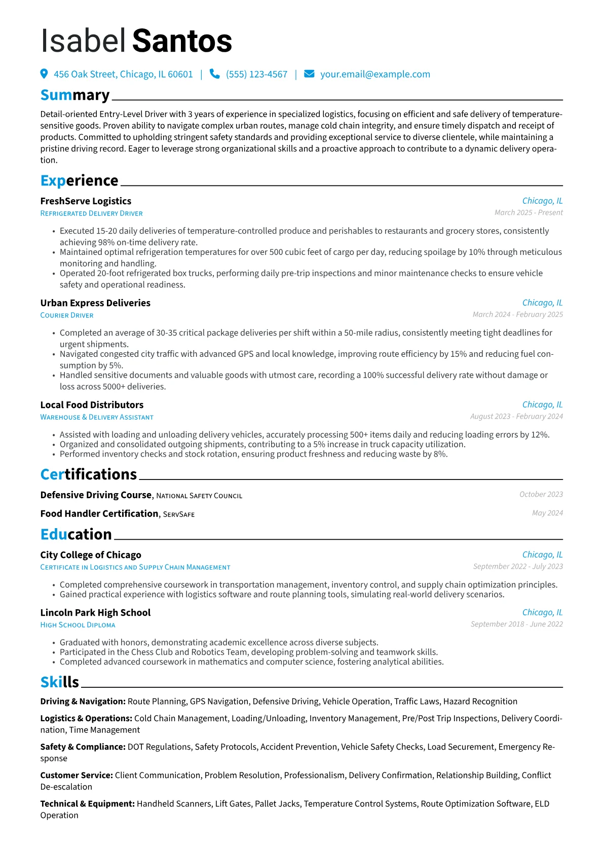 Entry-Level Driver resume example, Entry-Level Driver, page 1