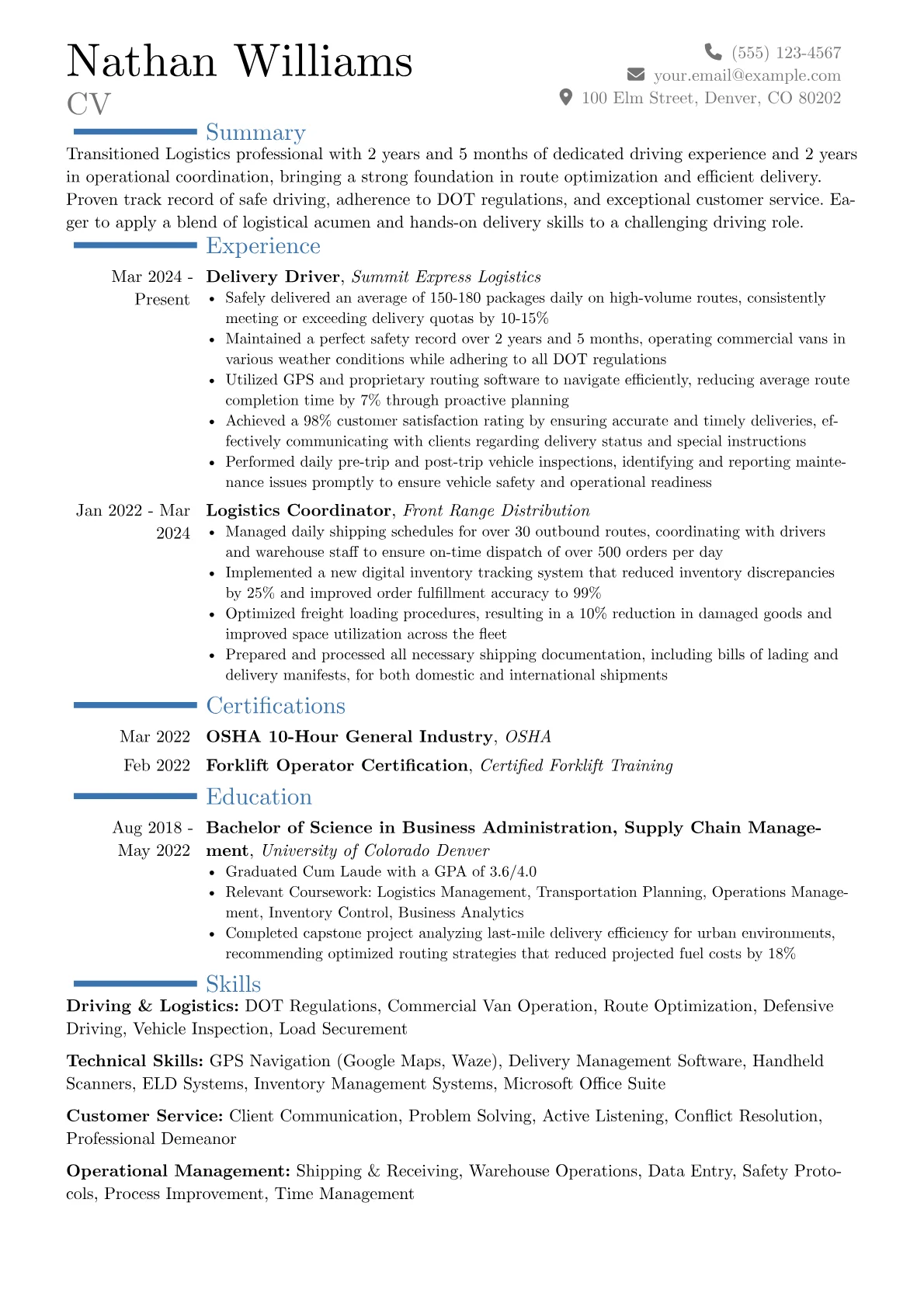 Entry-Level Driver resume example, Career changer, page 1